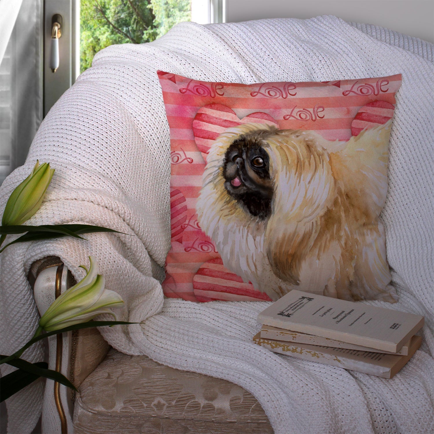 Pekingese Love Decorative Throw Pillow 14x14 Indoor Outdoor Accent Cushion, Fabric Cover with Insert for Sofa, Bed, Porch & Living Room