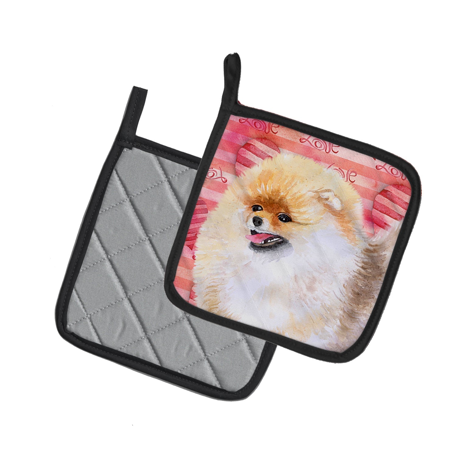 Pomeranian Love Pot Holder Set of 2 Heat Resistant Quilted Hot Pads 7.5 x 7.5 Inch, Insulated Kitchen Trivets for Cooking & Baking