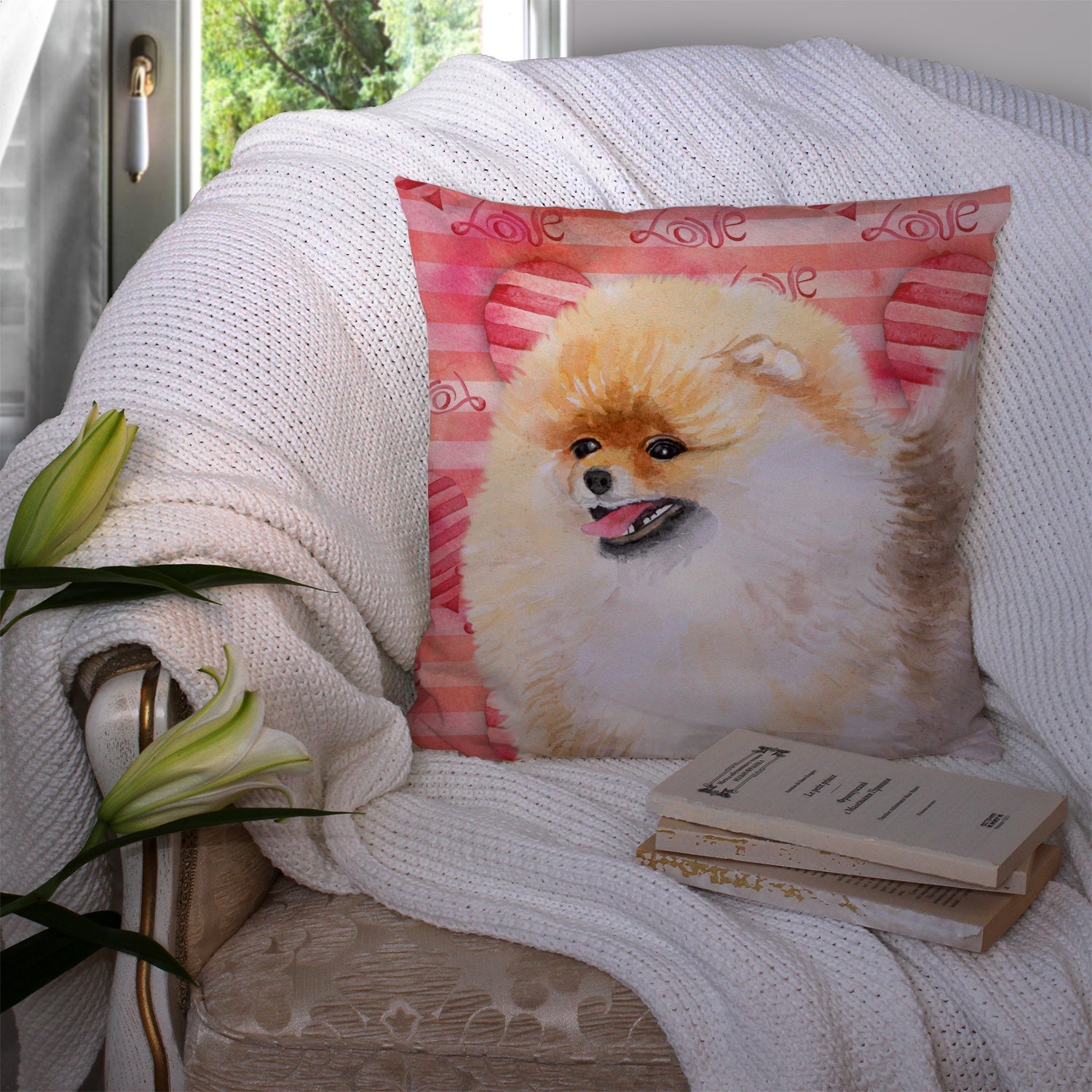 Pomeranian Love Decorative Throw Pillow 14x14 Indoor Outdoor Accent Cushion, Fabric Cover with Insert for Sofa, Bed, Porch & Living Room