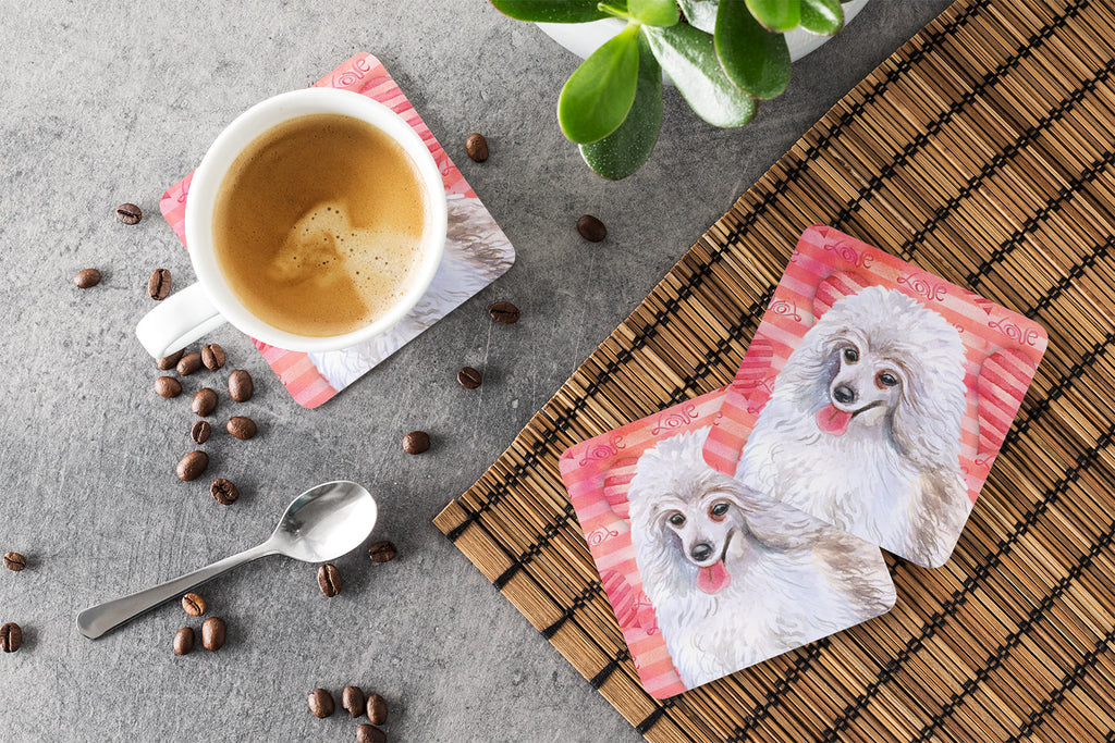 Medium White Poodle Love Foam Coasters Set of 4 Cup Coasters for Indoor Outdoor, Tabletop Protection, Anti Slip, Mouse pad Material