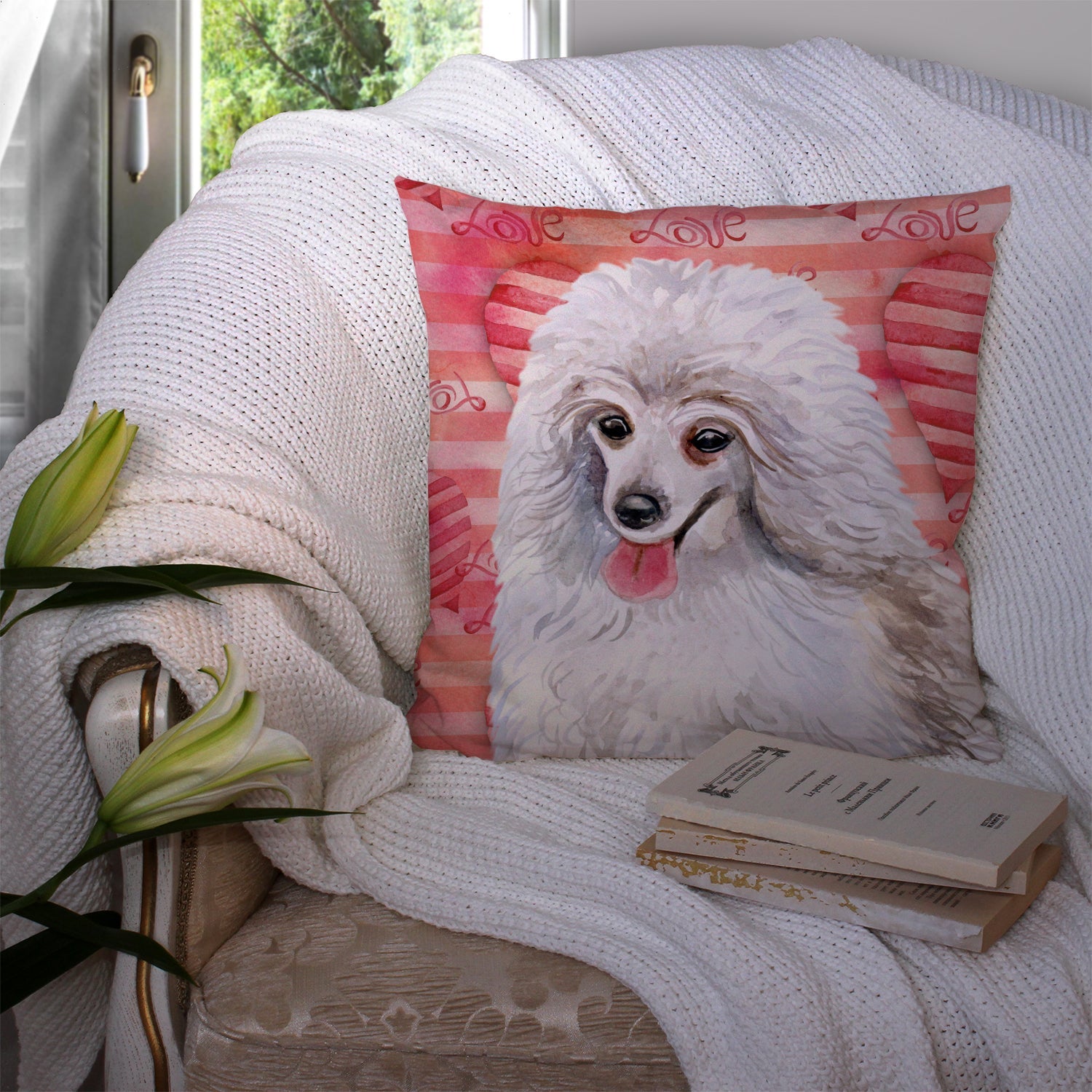 Medium White Poodle Love Decorative Throw Pillow 14x14 Indoor Outdoor Accent Cushion, Fabric Cover with Insert for Sofa, Bed, Porch & Living Room