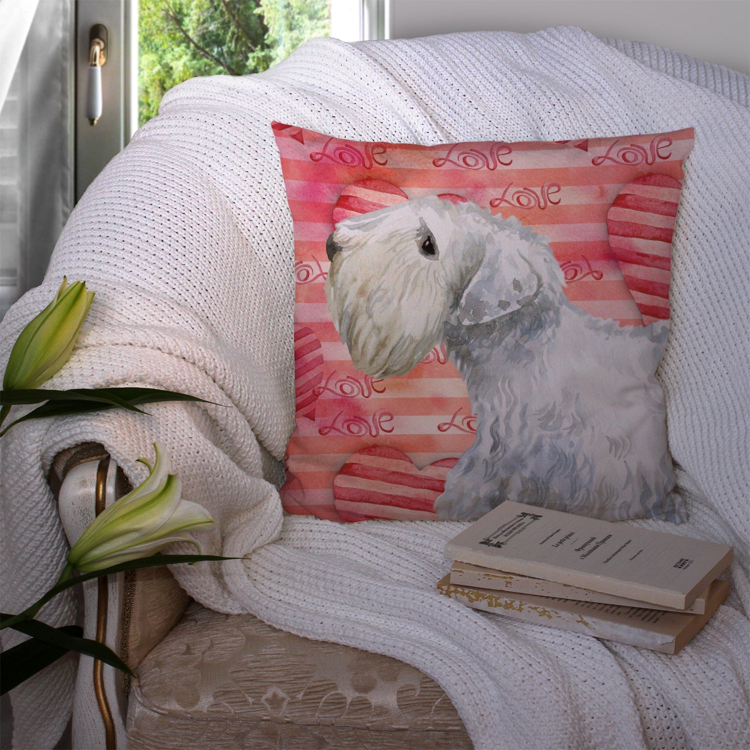 Sealyham Terrier Love Decorative Throw Pillow 14x14 Indoor Outdoor Accent Cushion, Fabric Cover with Insert for Sofa, Bed, Porch & Living Room