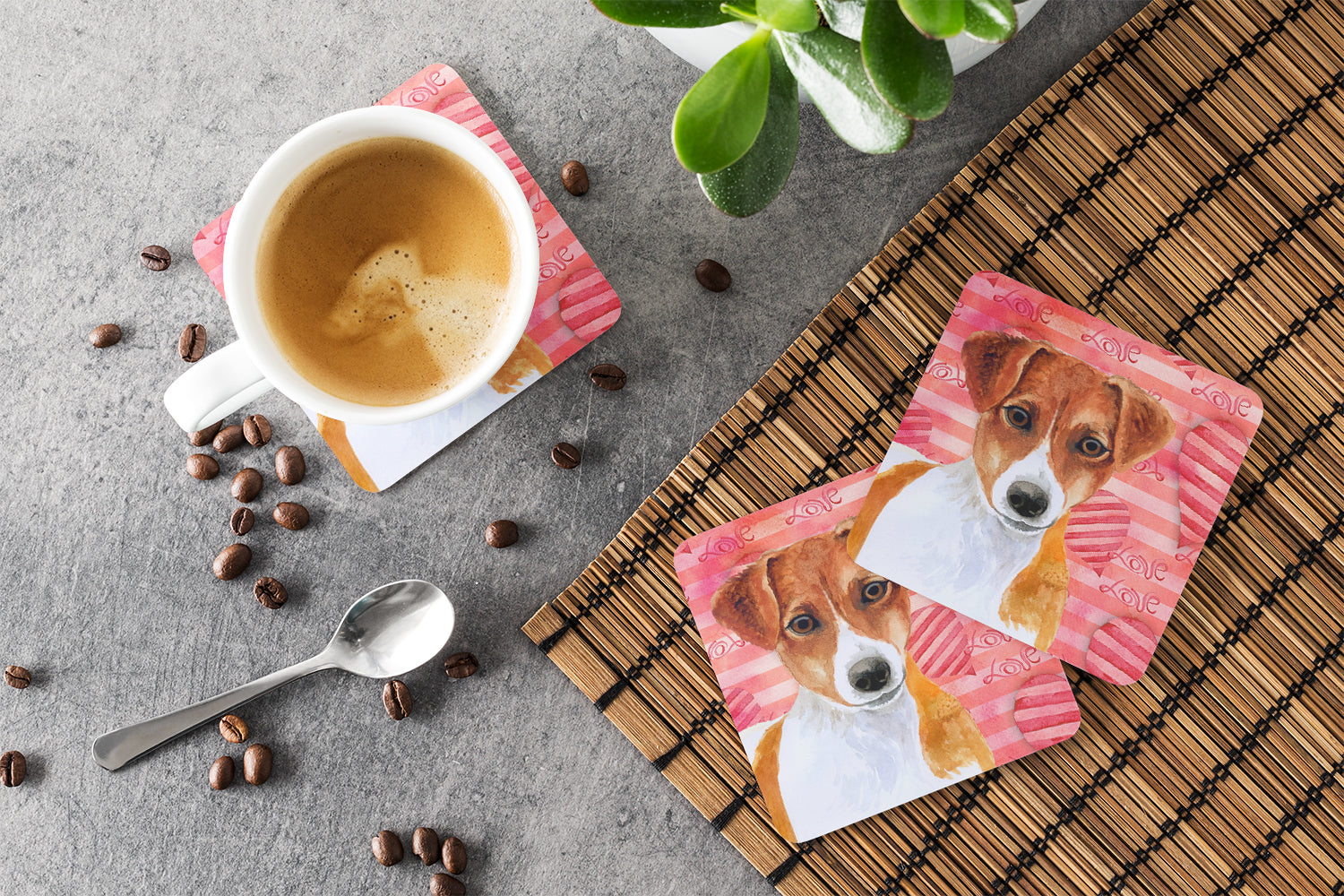 Jack Russell Terrier Love Foam Coasters Set of 4 Cup Coasters for Indoor Outdoor, Tabletop Protection, Anti Slip, Mouse pad Material