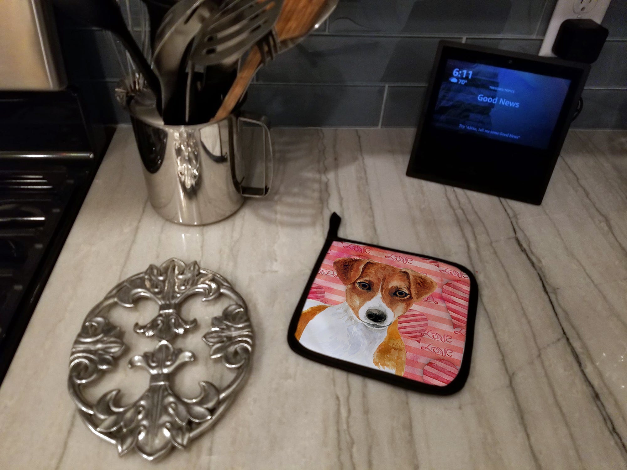 Jack Russell Terrier Love Pot Holder Set of 2 Heat Resistant Quilted Hot Pads 7.5 x 7.5 Inch, Insulated Kitchen Trivets for Cooking & Baking