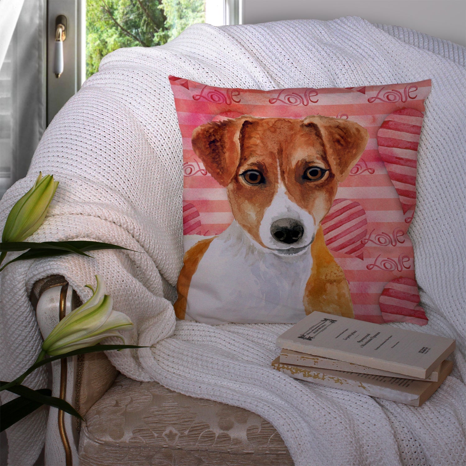 Jack Russell Terrier Love Decorative Throw Pillow 14x14 Indoor Outdoor Accent Cushion, Fabric Cover with Insert for Sofa, Bed, Porch & Living Room