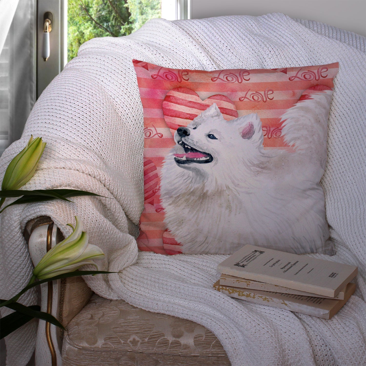 Samoyed Love Decorative Throw Pillow 14x14 Indoor Outdoor Accent Cushion, Fabric Cover with Insert for Sofa, Bed, Porch & Living Room