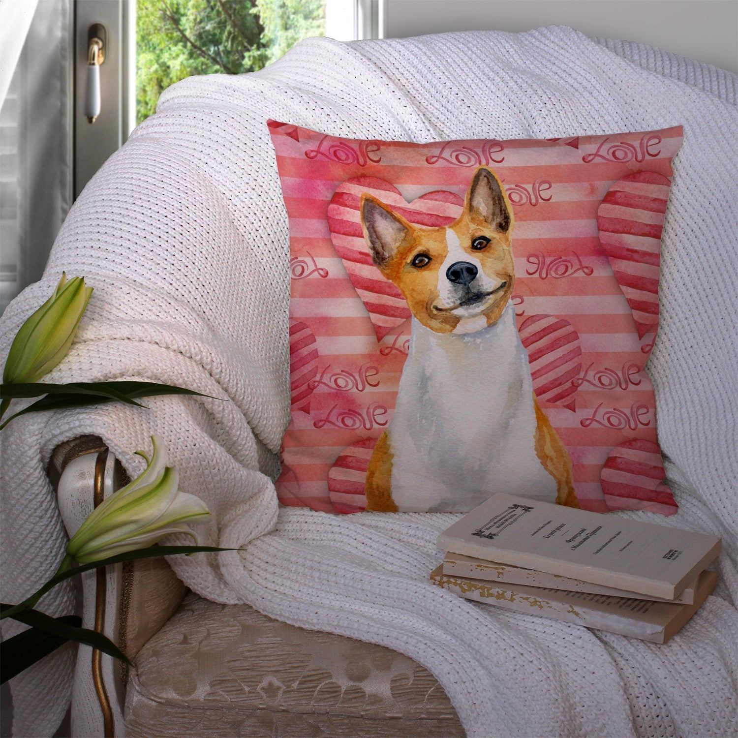 Basenji Love Decorative Throw Pillow 14x14 Indoor Outdoor Accent Cushion, Fabric Cover with Insert for Sofa, Bed, Porch & Living Room