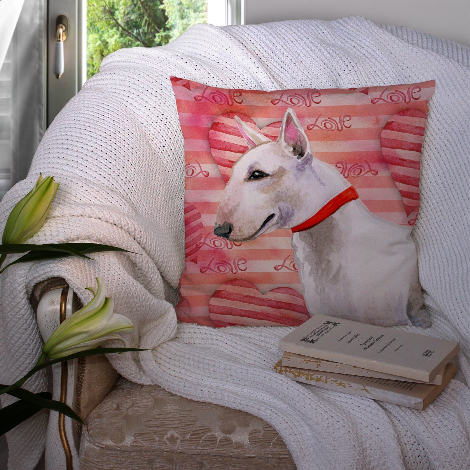 Bull Terrier Love Decorative Throw Pillow 14x14 Indoor Outdoor Accent Cushion, Fabric Cover with Insert for Sofa, Bed, Porch & Living Room