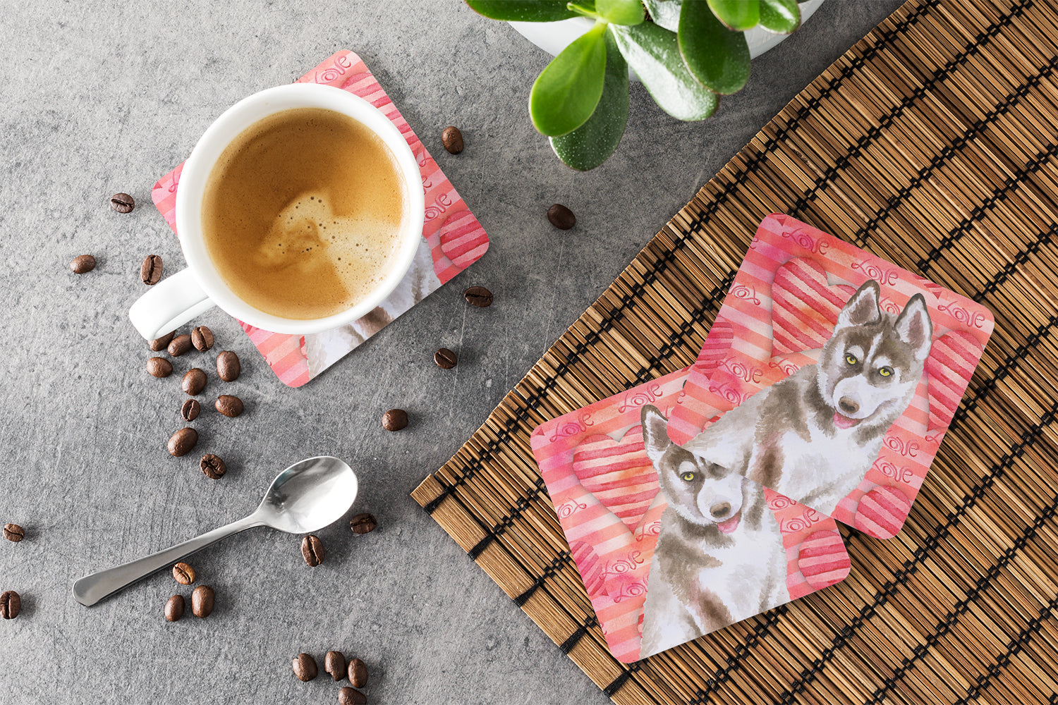 Siberian Husky Grey Love Foam Coasters Set of 4 Cup Coasters for Indoor Outdoor, Tabletop Protection, Anti Slip, Mouse pad Material