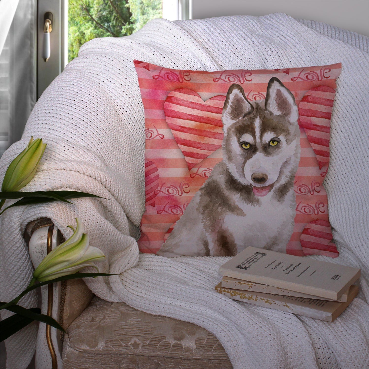 Siberian Husky Grey Love Decorative Throw Pillow 14x14 Indoor Outdoor Accent Cushion, Fabric Cover with Insert for Sofa, Bed, Porch & Living Room