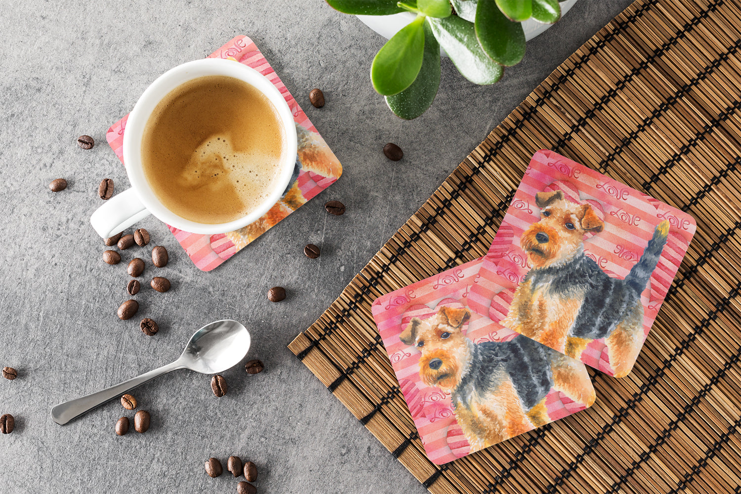 Welsh Terrier Love Foam Coasters Set of 4 Cup Coasters for Indoor Outdoor, Tabletop Protection, Anti Slip, Mouse pad Material