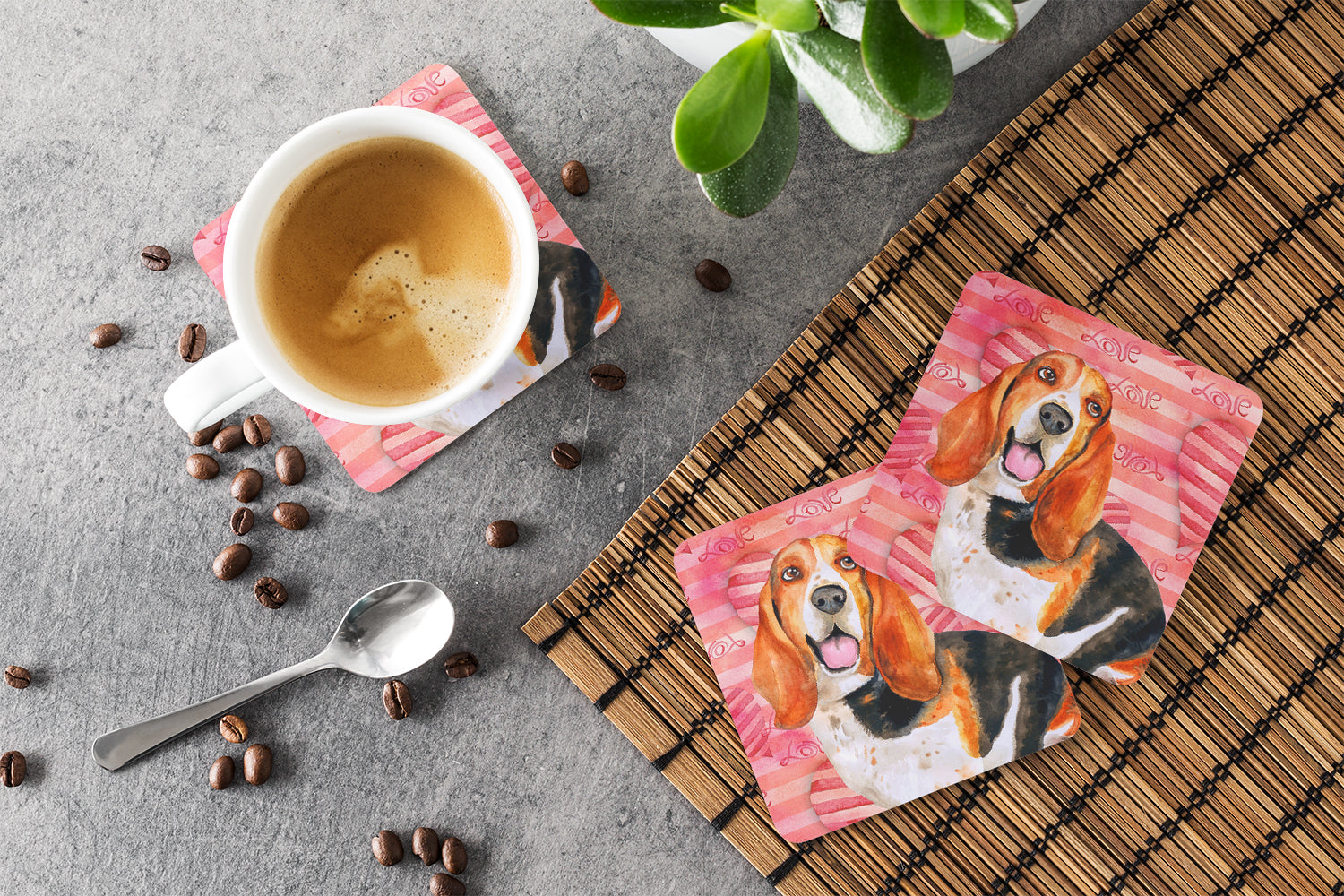Basset Hound Love Foam Coasters Set of 4 Cup Coasters for Indoor Outdoor, Tabletop Protection, Anti Slip, Mouse pad Material