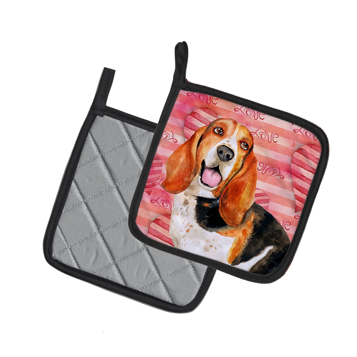 Basset Hound Love Pot Holder Set of 2 Heat Resistant Quilted Hot Pads 7.5 x 7.5 Inch, Insulated Kitchen Trivets for Cooking & Baking