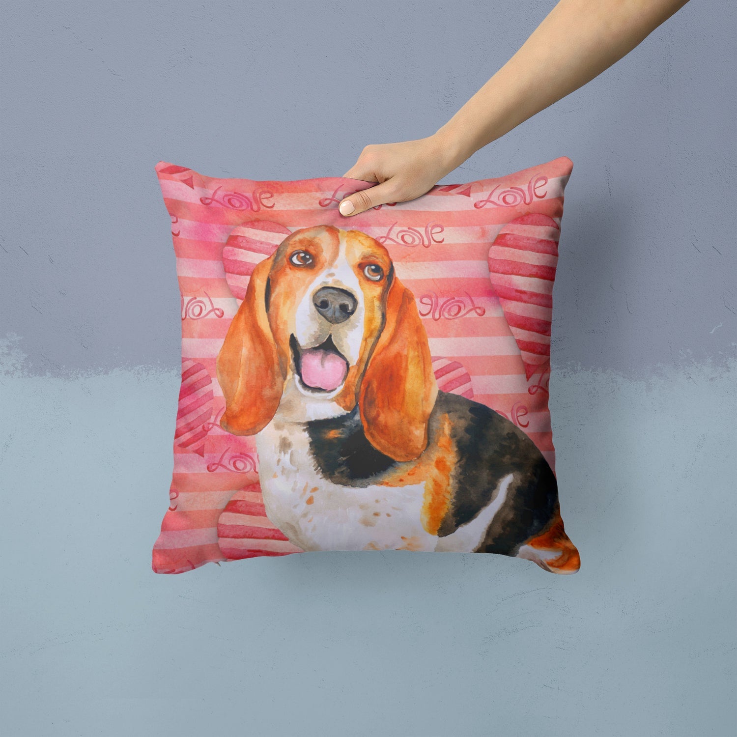 Basset Hound Love Decorative Throw Pillow 14x14 Indoor Outdoor Accent Cushion, Fabric Cover with Insert for Sofa, Bed, Porch & Living Room