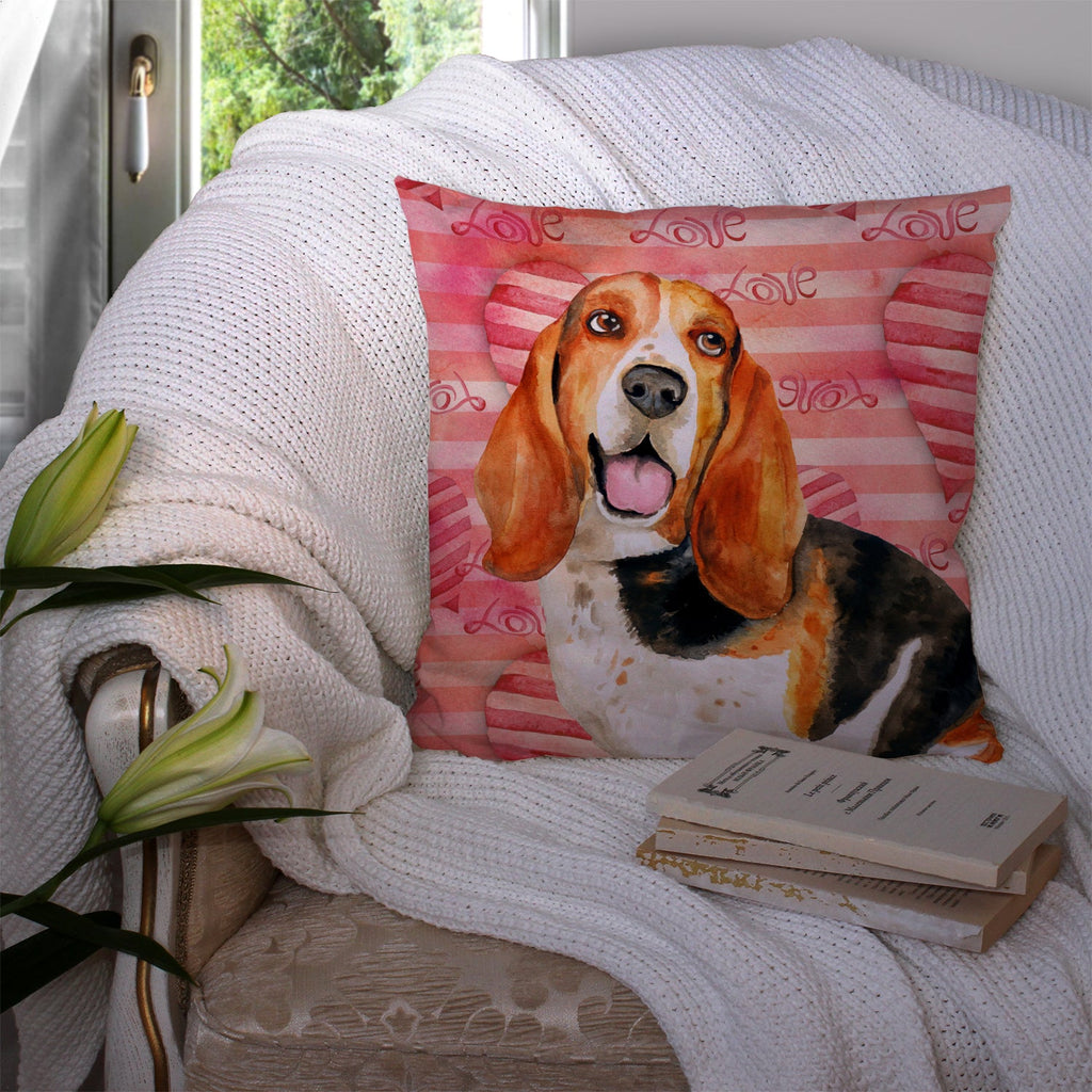 Basset Hound Love Decorative Throw Pillow 14x14 Indoor Outdoor Accent Cushion, Fabric Cover with Insert for Sofa, Bed, Porch & Living Room