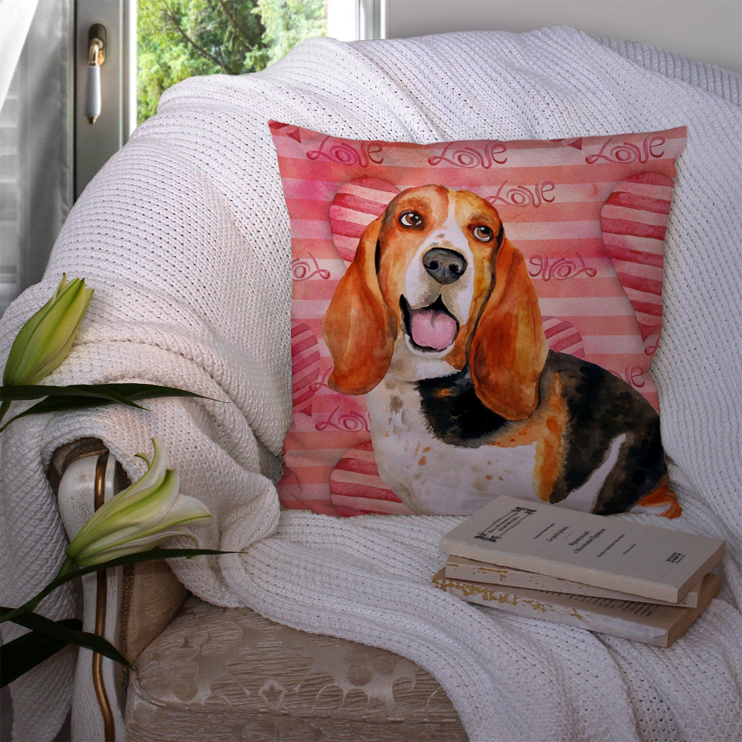 Basset Hound Love Decorative Throw Pillow 14x14 Indoor Outdoor Accent Cushion, Fabric Cover with Insert for Sofa, Bed, Porch & Living Room