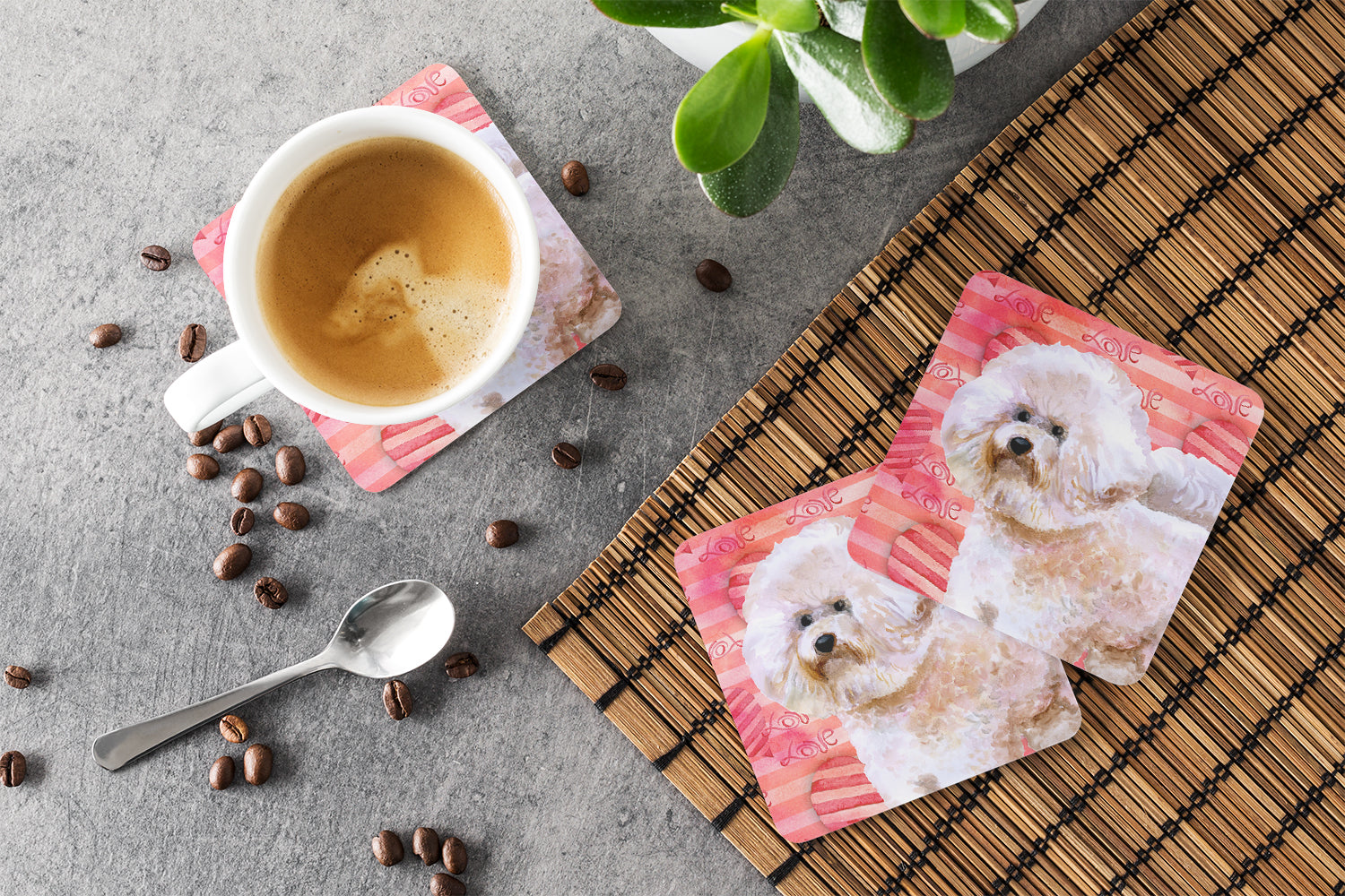 Bichon Frise #2 Love Foam Coasters Set of 4 Cup Coasters for Indoor Outdoor, Tabletop Protection, Anti Slip, Mouse pad Material