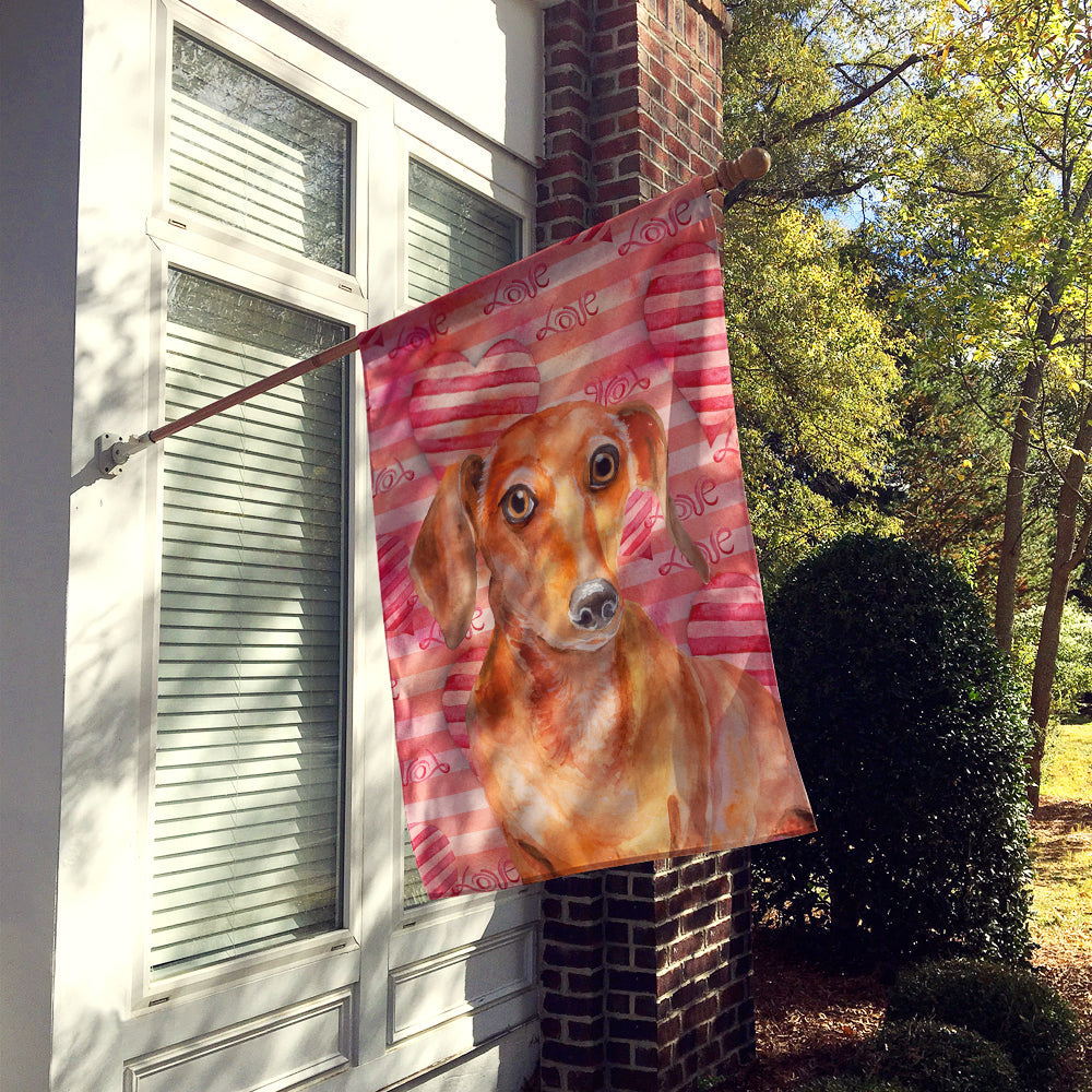 Red Dachshund Love House Flag 28x40 Porch Sleeve Pole Decorative Outside Yard Banner Artwork Wall Hanging, Polyester