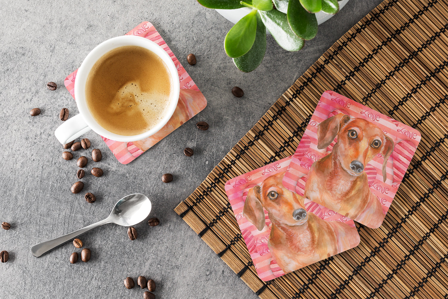 Red Dachshund Love Foam Coasters Set of 4 Cup Coasters for Indoor Outdoor, Tabletop Protection, Anti Slip, Mouse pad Material