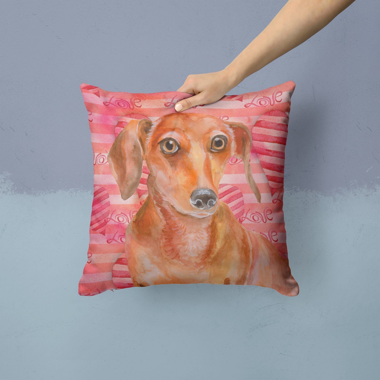 Red Dachshund Love Decorative Throw Pillow 14x14 Indoor Outdoor Accent Cushion, Fabric Cover with Insert for Sofa, Bed, Porch & Living Room