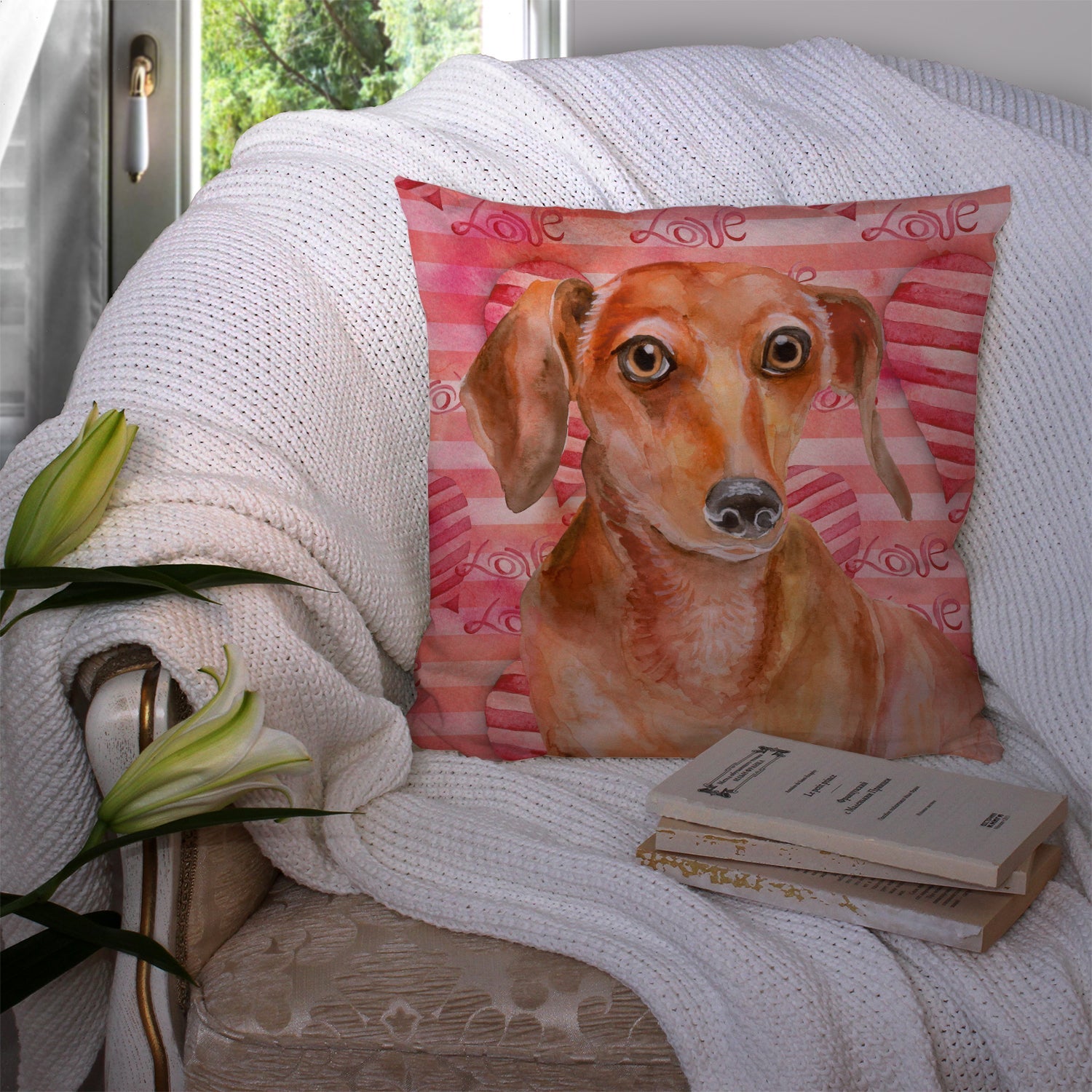 Red Dachshund Love Decorative Throw Pillow 14x14 Indoor Outdoor Accent Cushion, Fabric Cover with Insert for Sofa, Bed, Porch & Living Room