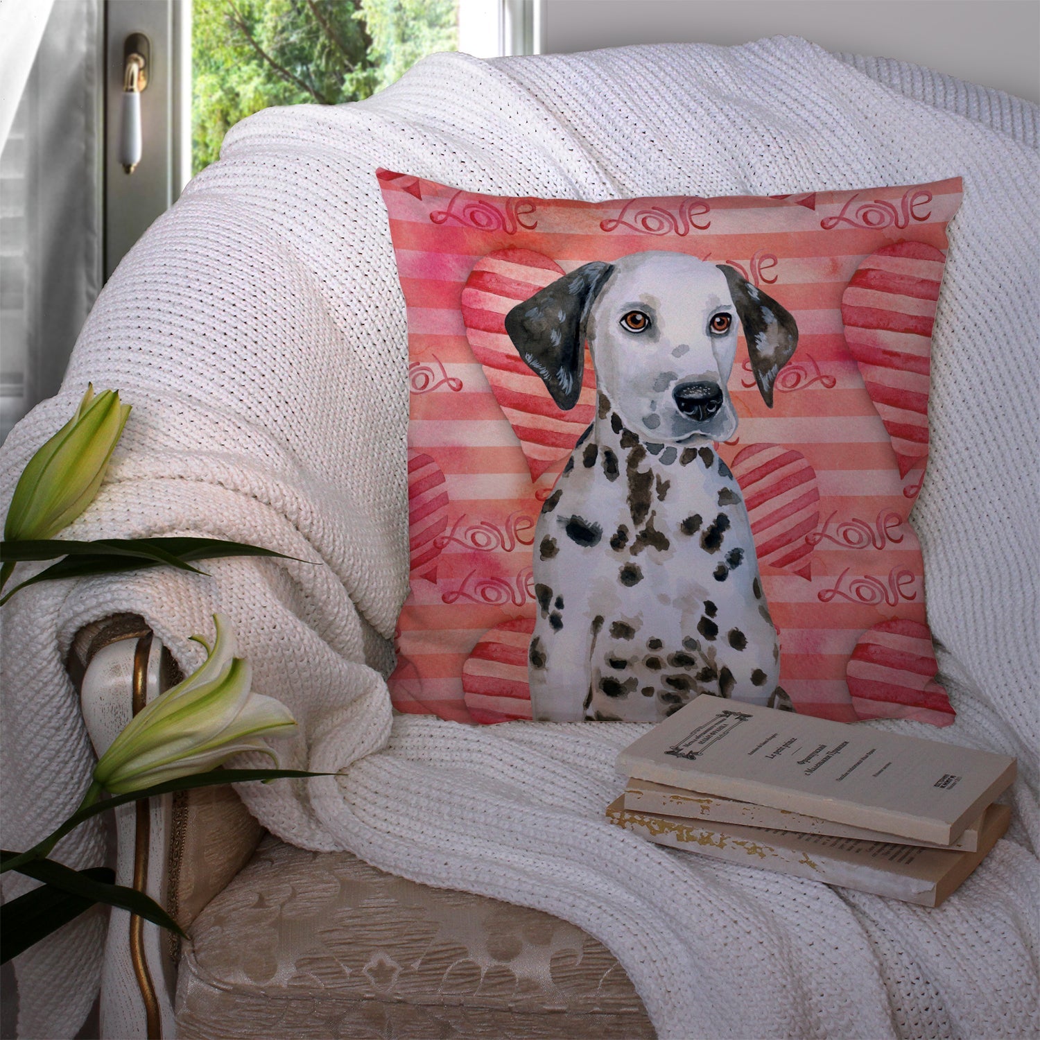 Dalmatian Puppy Love Decorative Throw Pillow 14x14 Indoor Outdoor Accent Cushion, Fabric Cover with Insert for Sofa, Bed, Porch & Living Room