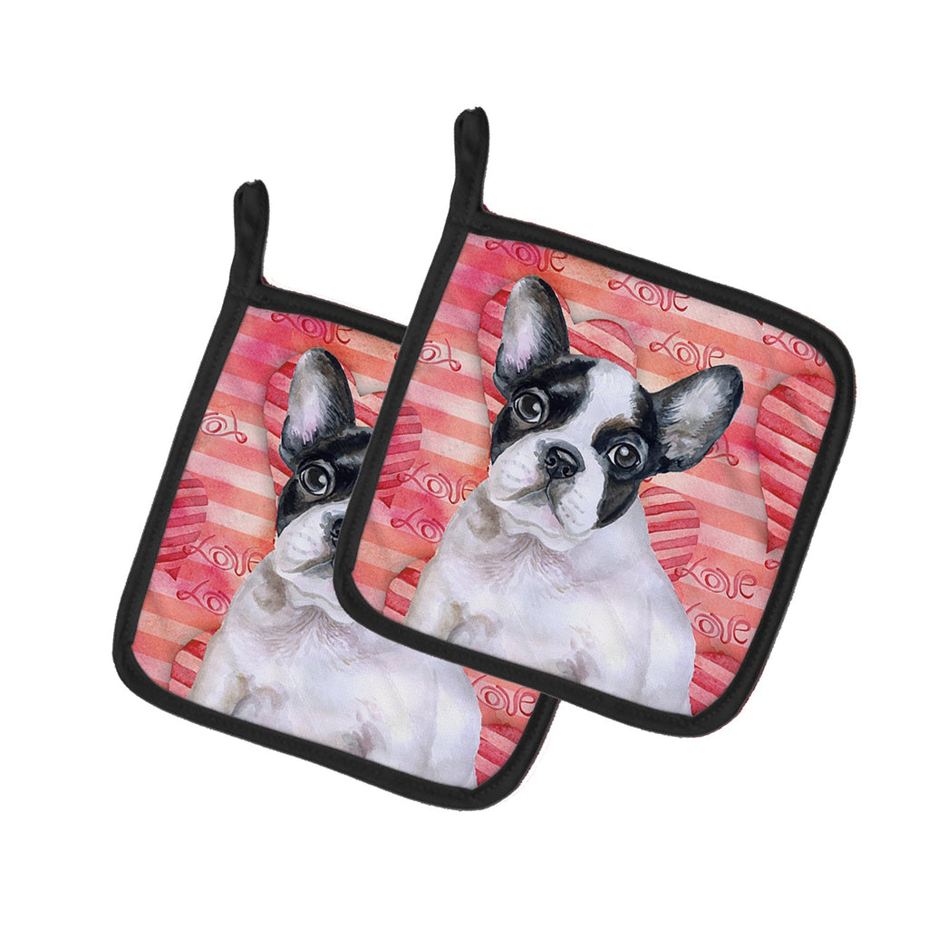 French Bulldog Black White Love Pot Holder Set of 2 Heat Resistant Quilted Hot Pads 7.5 x 7.5 Inch, Insulated Kitchen Trivets for Cooking & Baking