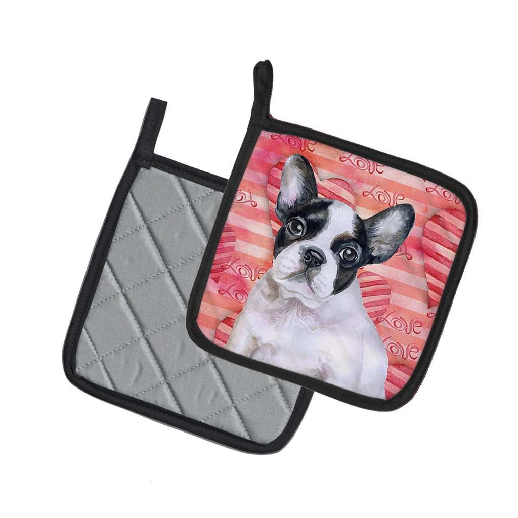 French Bulldog Black White Love Pot Holder Set of 2 Heat Resistant Quilted Hot Pads 7.5 x 7.5 Inch, Insulated Kitchen Trivets for Cooking & Baking