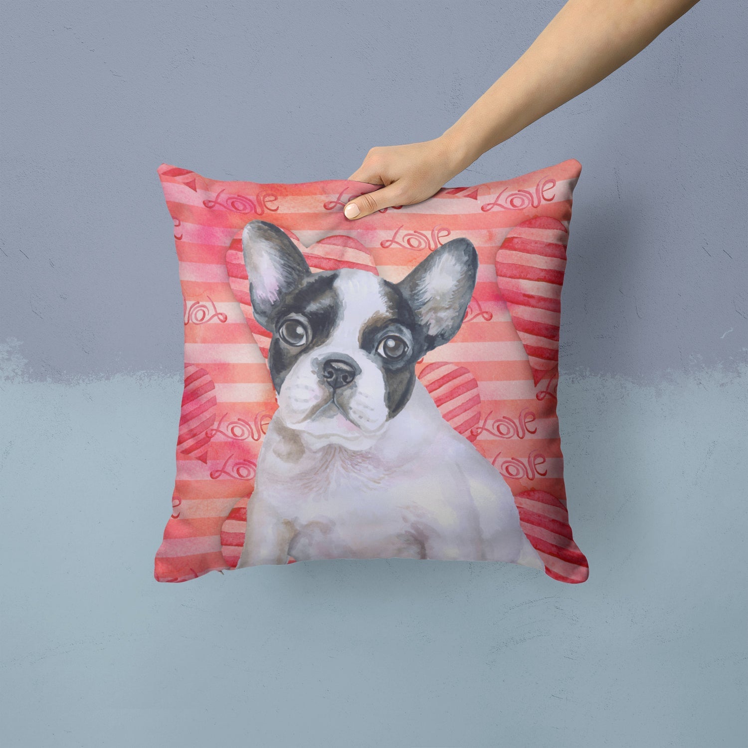 French Bulldog Black White Love Decorative Throw Pillow 14x14 Indoor Outdoor Accent Cushion, Fabric Cover with Insert for Sofa, Bed, Porch & Living Room