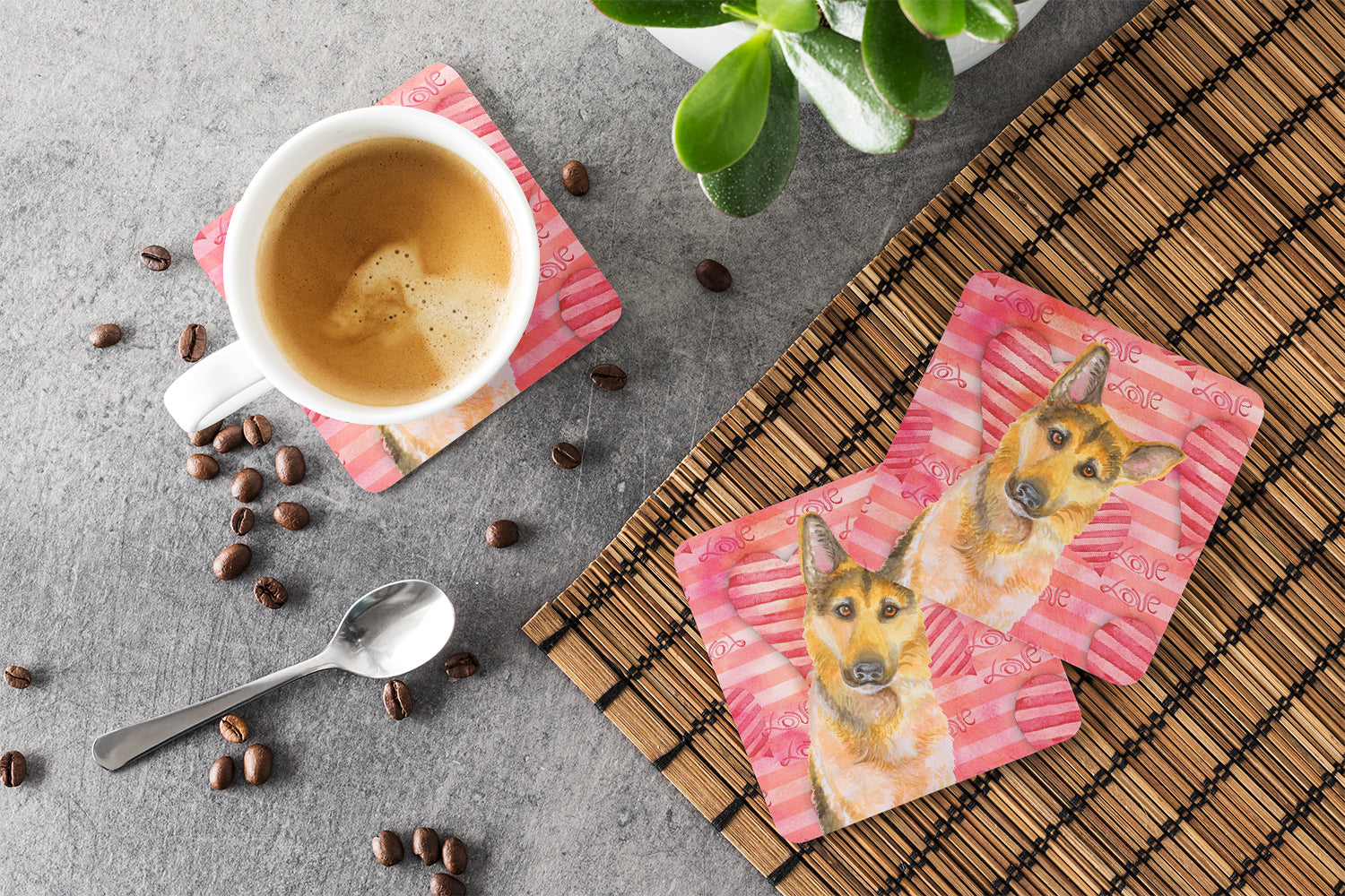 German Shepherd #2 Love Foam Coasters Set of 4 Cup Coasters for Indoor Outdoor, Tabletop Protection, Anti Slip, Mouse pad Material