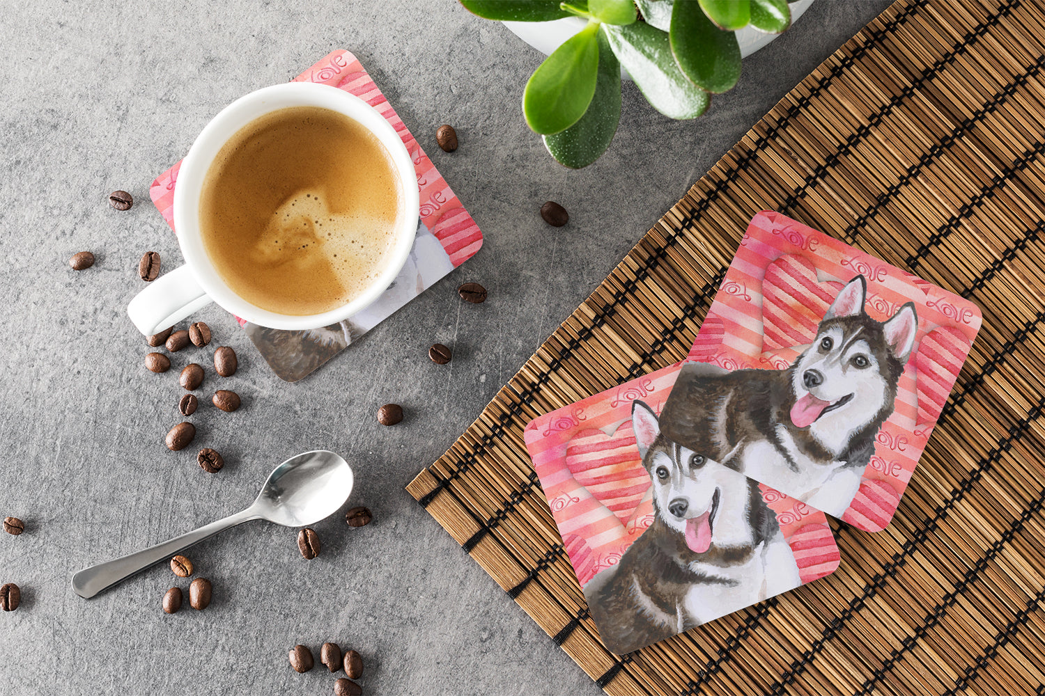 Siberian Husky #2 Love Foam Coasters Set of 4 Cup Coasters for Indoor Outdoor, Tabletop Protection, Anti Slip, Mouse pad Material