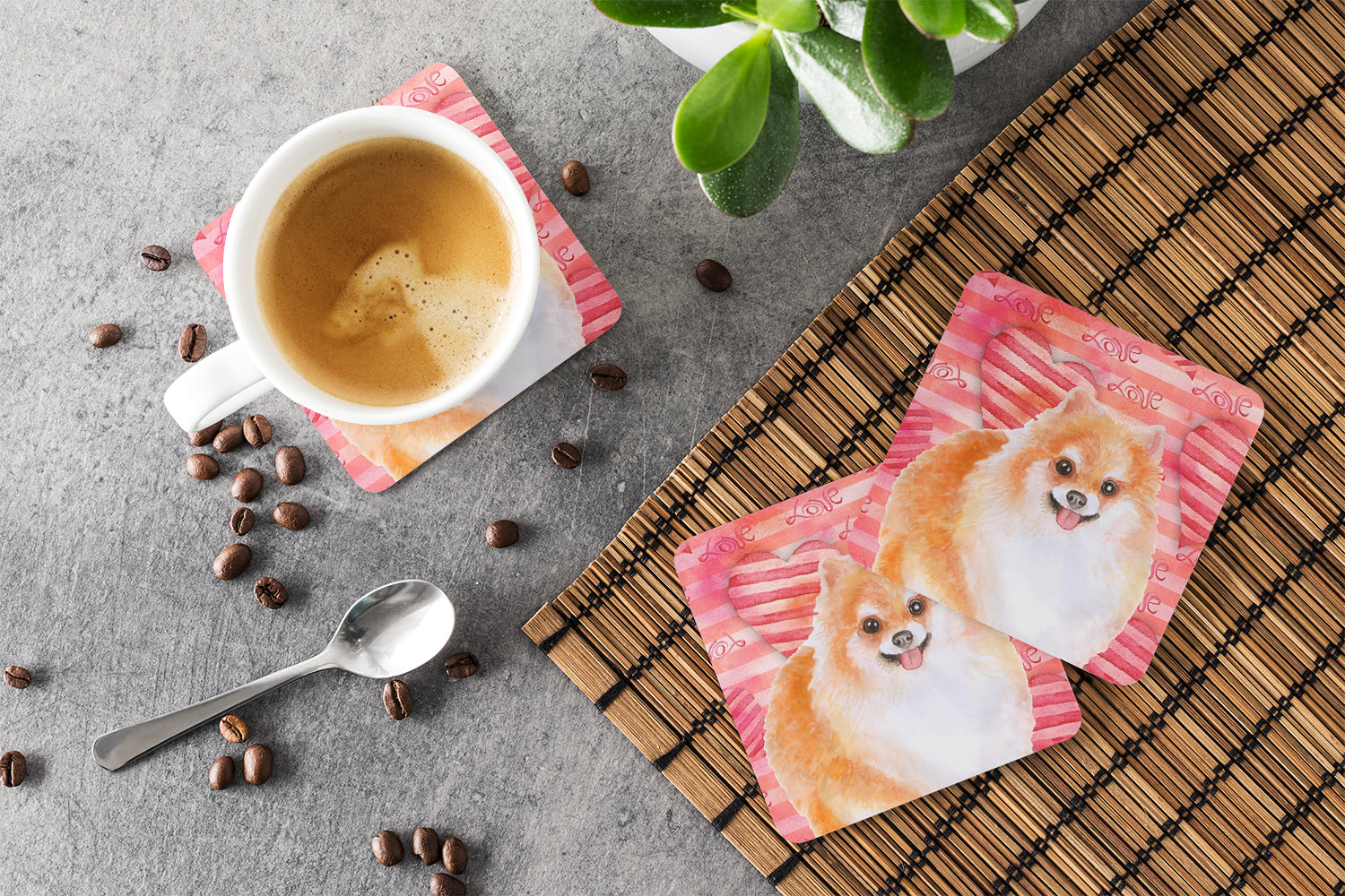 Pomeranian #2 Love Foam Coasters Set of 4 Cup Coasters for Indoor Outdoor, Tabletop Protection, Anti Slip, Mouse pad Material
