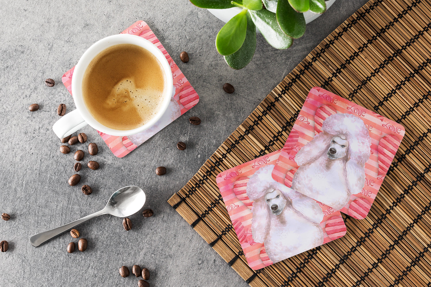 White Standard Poodle Love Foam Coasters Set of 4 Cup Coasters for Indoor Outdoor, Tabletop Protection, Anti Slip, Mouse pad Material