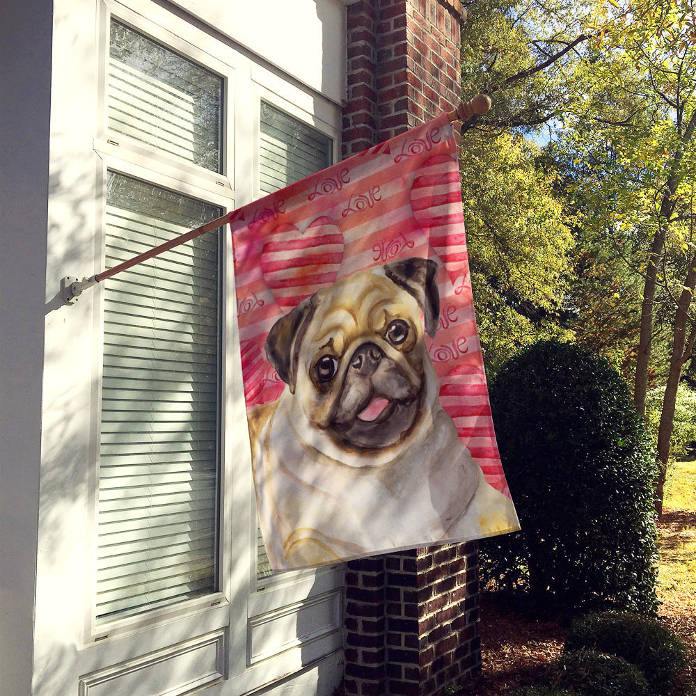 Fawn Pug Love House Flag 28x40 Porch Sleeve Pole Decorative Outside Yard Banner Artwork Wall Hanging, Polyester