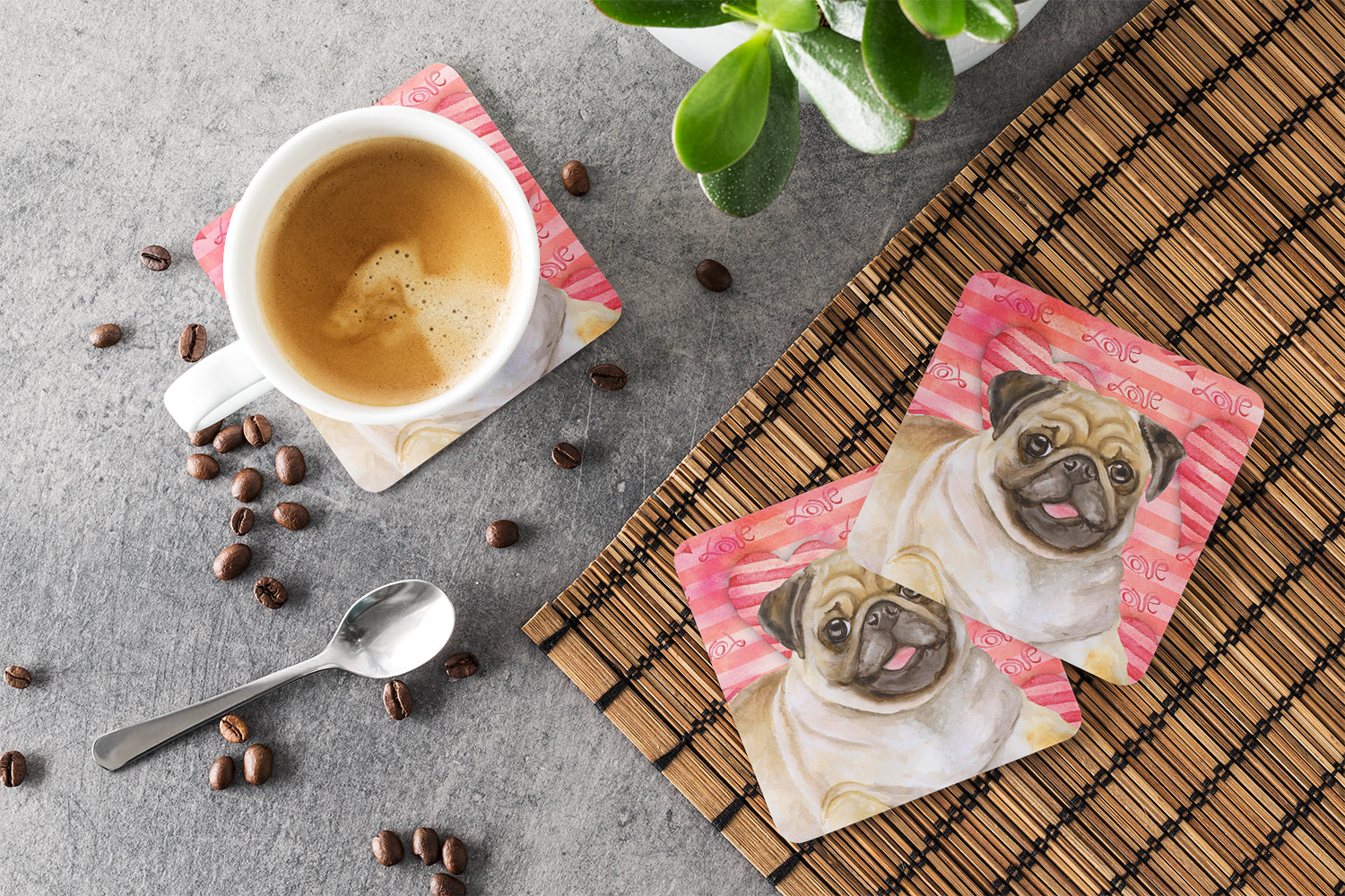 Fawn Pug Love Foam Coasters Set of 4 Cup Coasters for Indoor Outdoor, Tabletop Protection, Anti Slip, Mouse pad Material