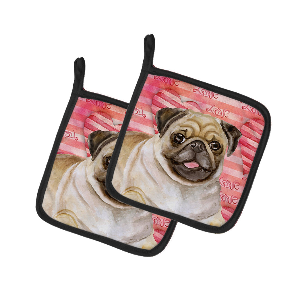 Fawn Pug Love Pot Holder Set of 2 Heat Resistant Quilted Hot Pads 7.5 x 7.5 Inch, Insulated Kitchen Trivets for Cooking & Baking