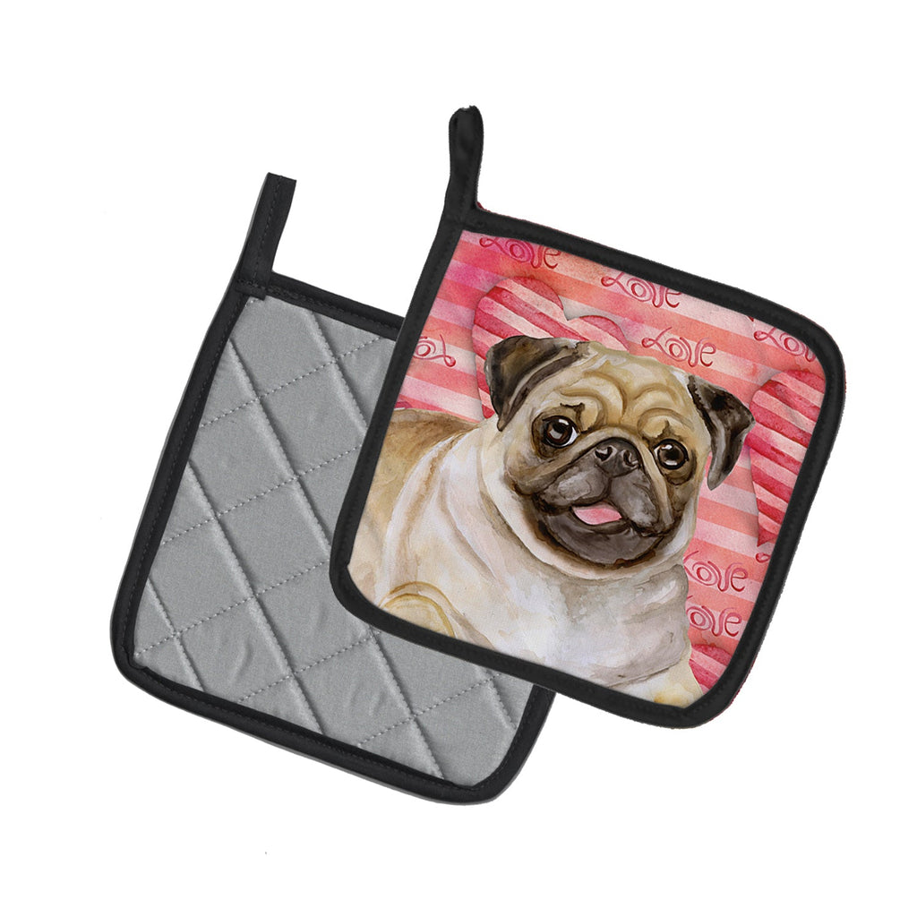 Fawn Pug Love Pot Holder Set of 2 Heat Resistant Quilted Hot Pads 7.5 x 7.5 Inch, Insulated Kitchen Trivets for Cooking & Baking