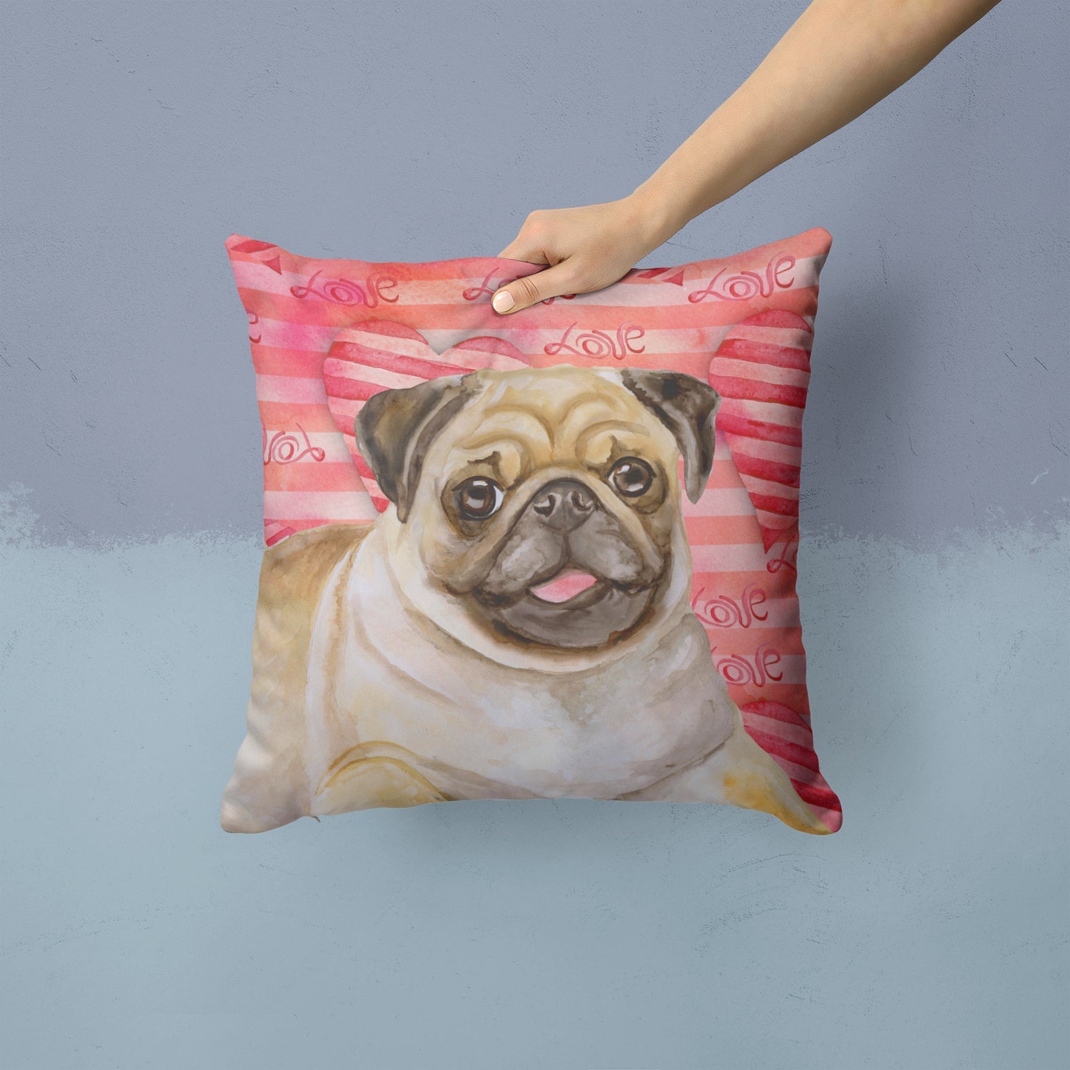 Fawn Pug Love Decorative Throw Pillow 14x14 Indoor Outdoor Accent Cushion, Fabric Cover with Insert for Sofa, Bed, Porch & Living Room