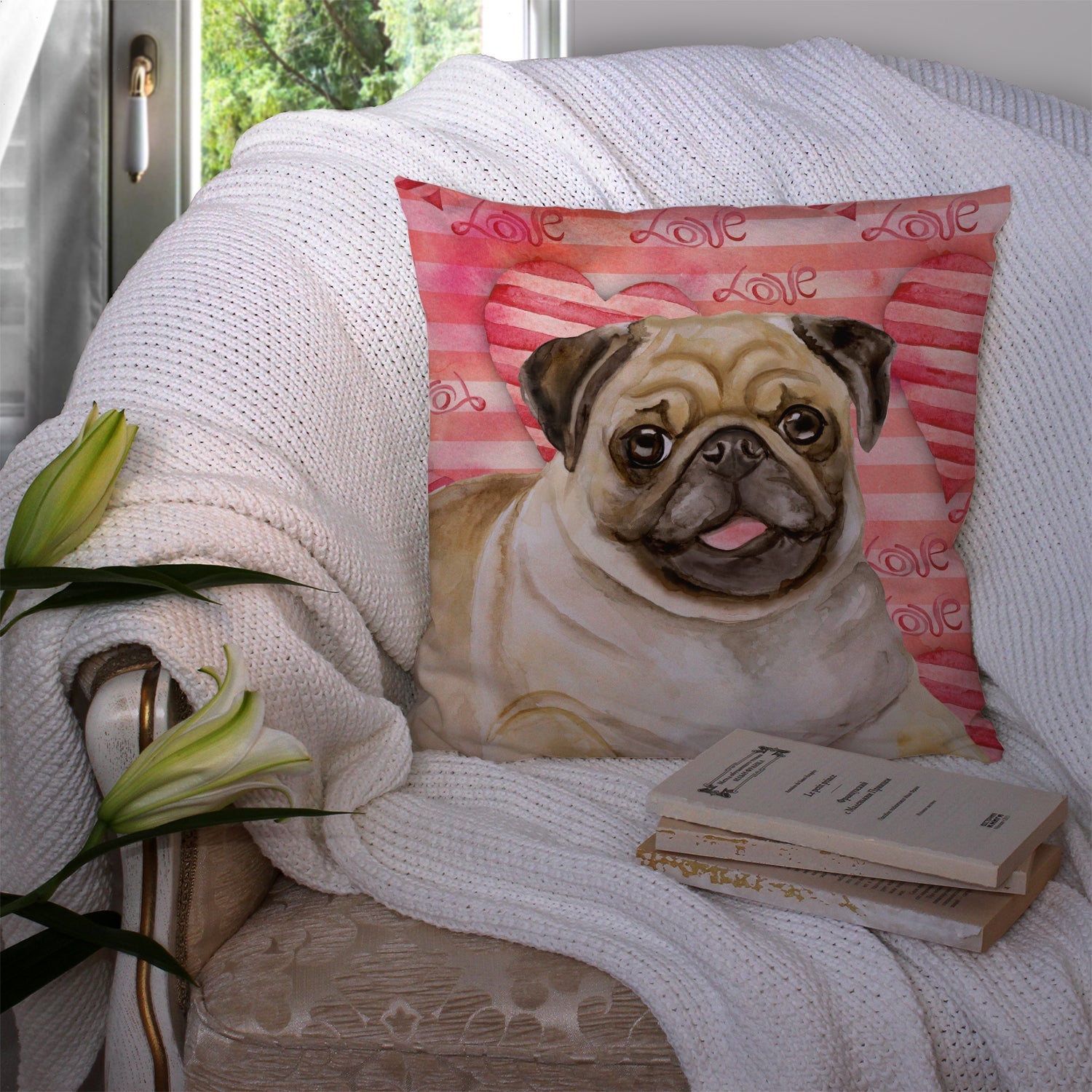 Fawn Pug Love Decorative Throw Pillow 14x14 Indoor Outdoor Accent Cushion, Fabric Cover with Insert for Sofa, Bed, Porch & Living Room