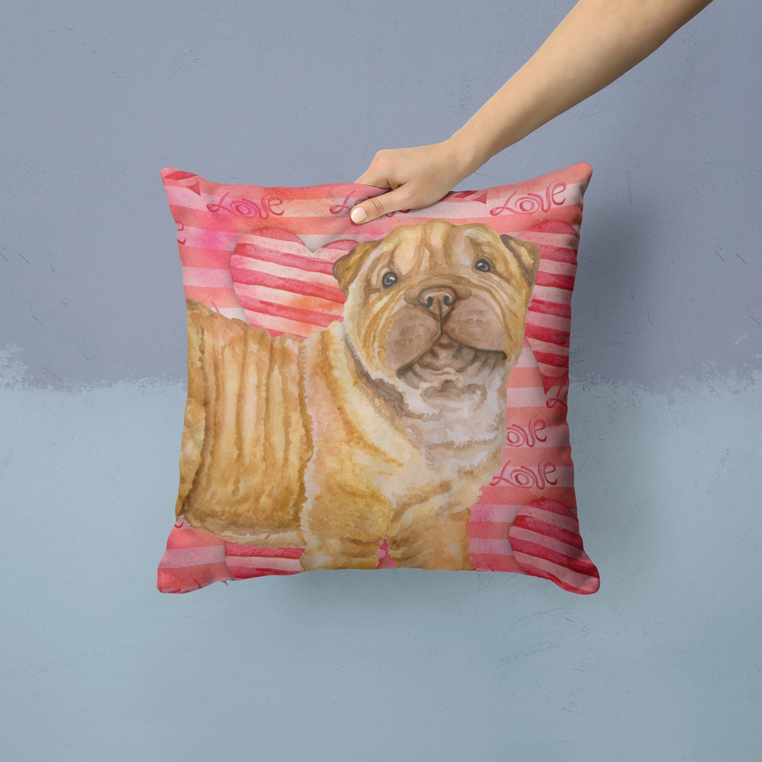 Shar Pei Puppy Love Decorative Throw Pillow 14x14 Indoor Outdoor Accent Cushion, Fabric Cover with Insert for Sofa, Bed, Porch & Living Room