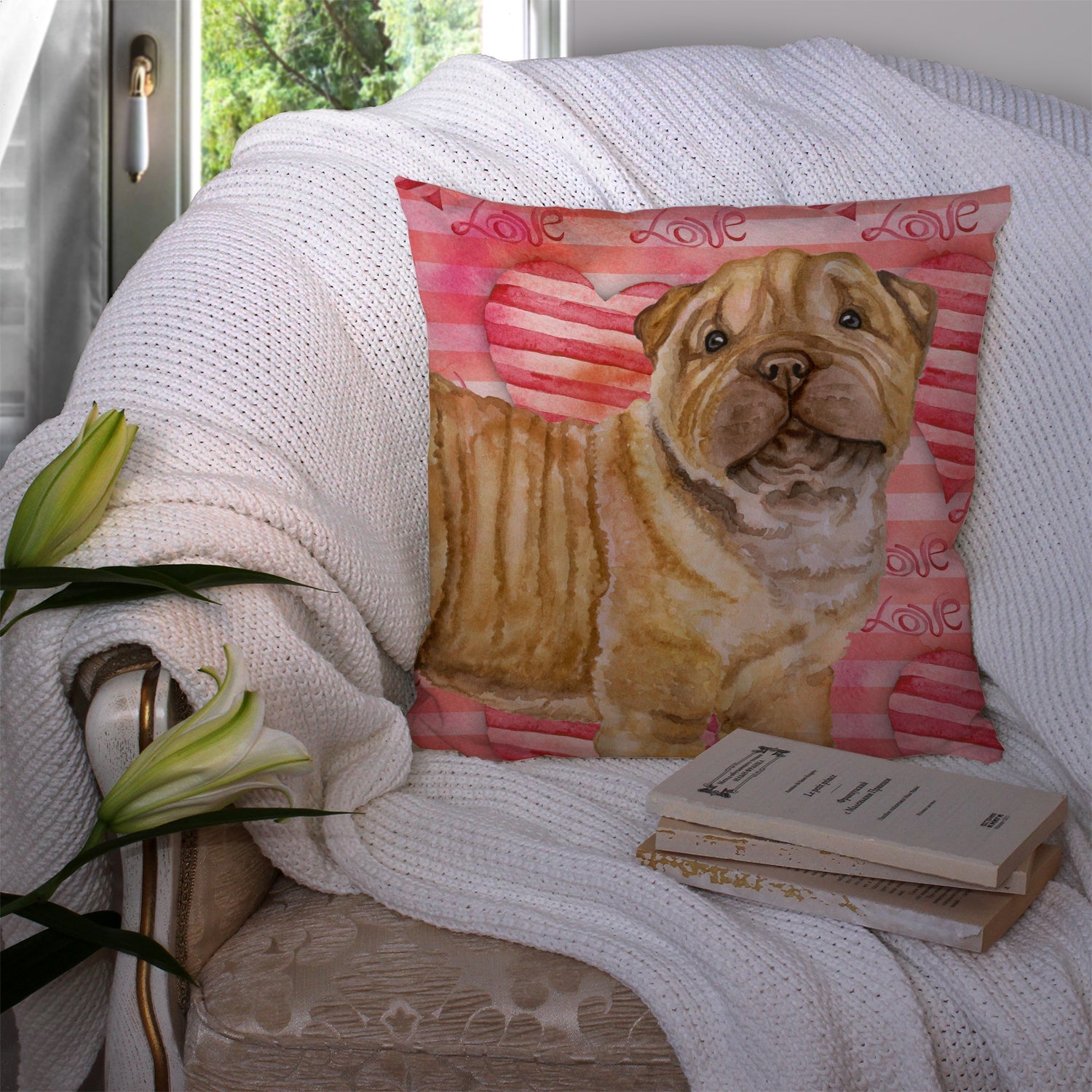 Shar Pei Puppy Love Decorative Throw Pillow 14x14 Indoor Outdoor Accent Cushion, Fabric Cover with Insert for Sofa, Bed, Porch & Living Room