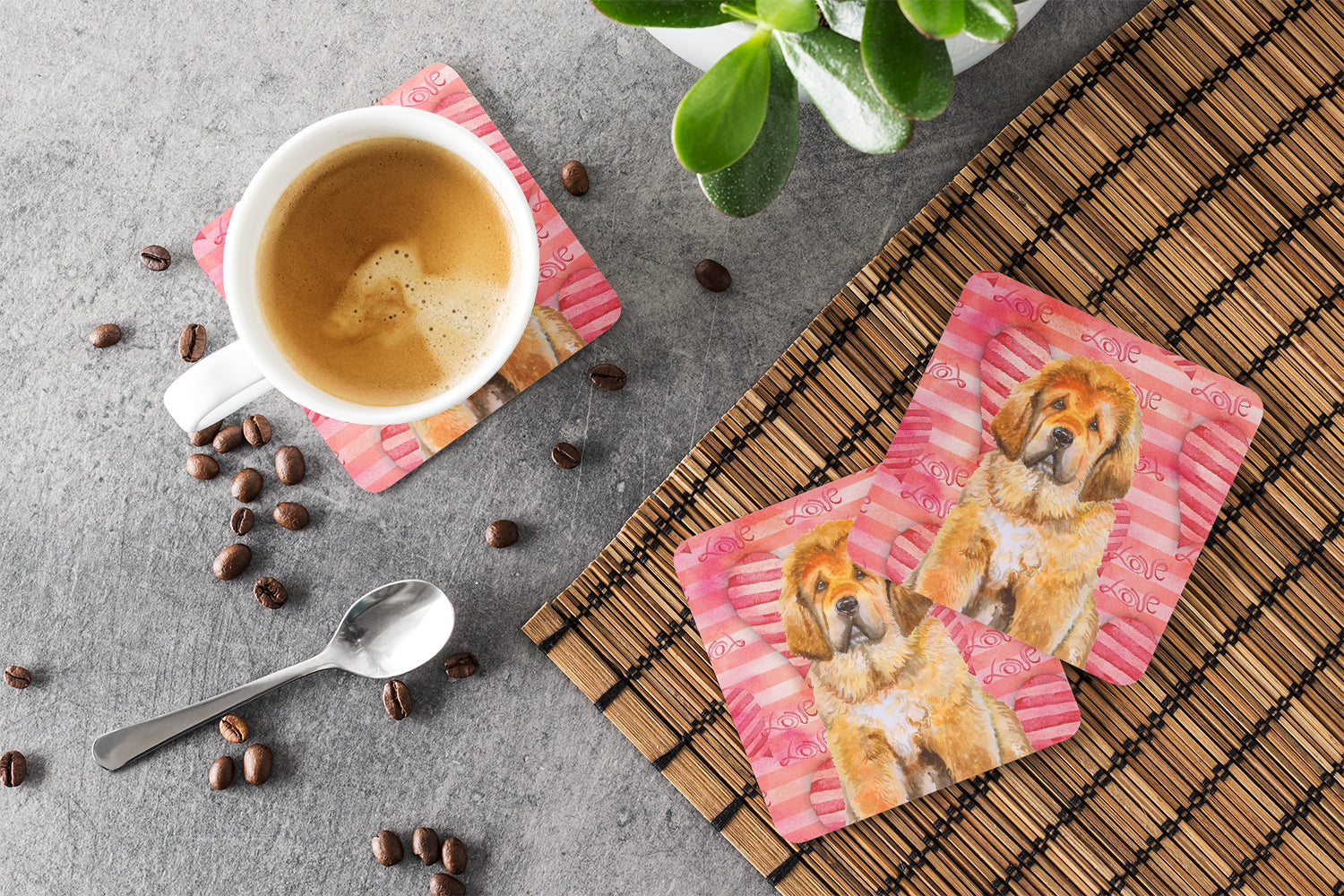 Tibetan Mastiff Love Foam Coasters Set of 4 Cup Coasters for Indoor Outdoor, Tabletop Protection, Anti Slip, Mouse pad Material