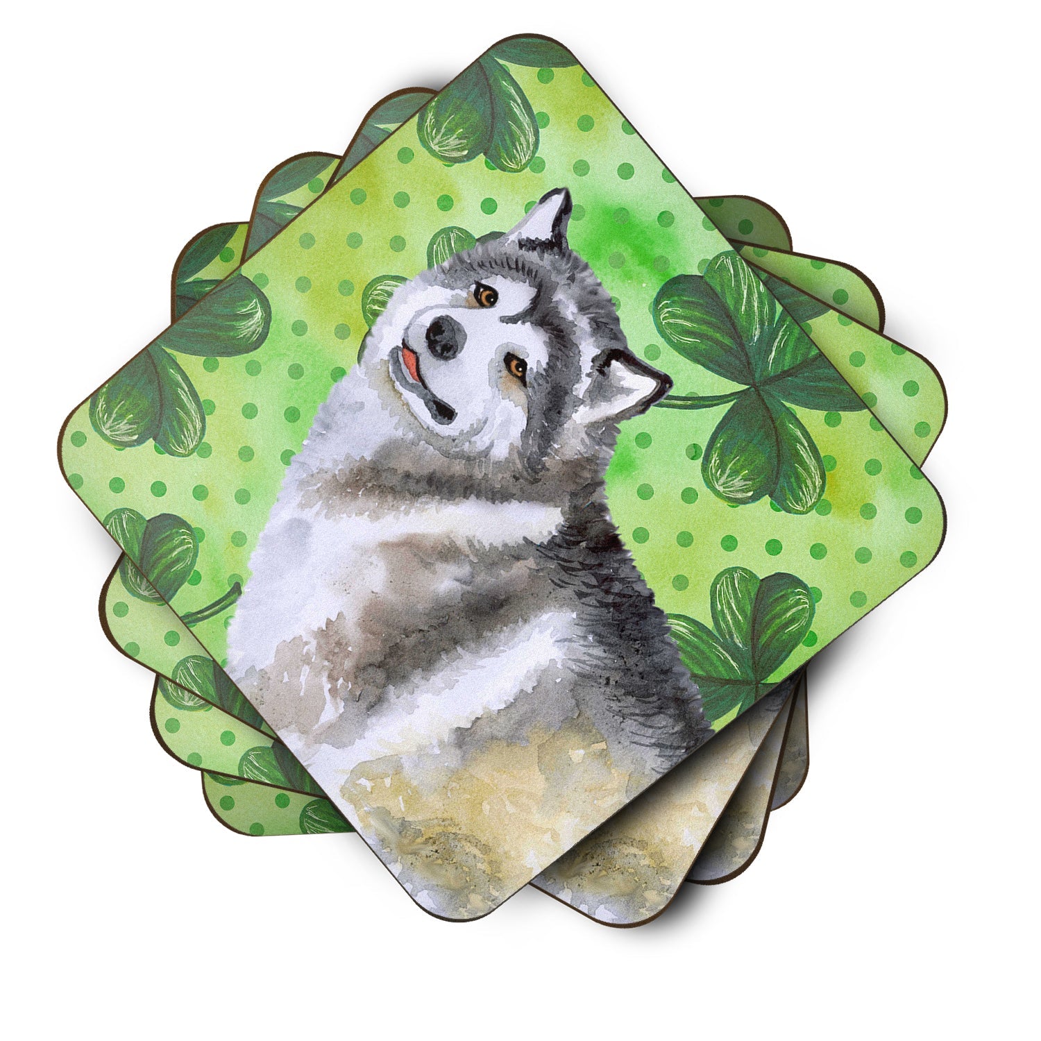 Alaskan Malamute St Patrick's Foam Coasters Set of 4 Cup Coasters for Indoor Outdoor, Tabletop Protection, Anti Slip, Mouse pad Material