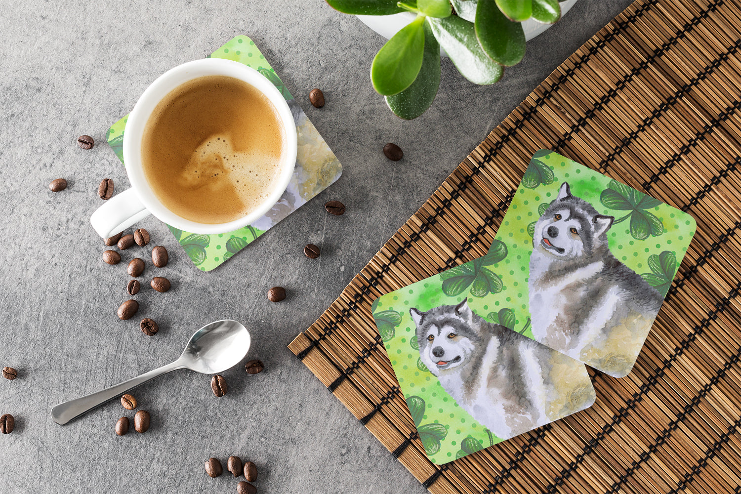Alaskan Malamute St Patrick's Foam Coasters Set of 4 Cup Coasters for Indoor Outdoor, Tabletop Protection, Anti Slip, Mouse pad Material