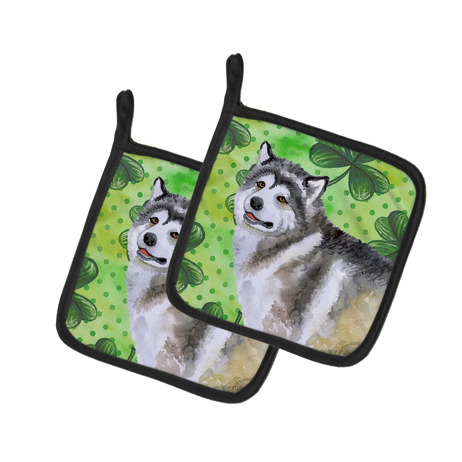 Alaskan Malamute St Patrick's Pot Holder Set of 2 Heat Resistant Quilted Hot Pads 7.5 x 7.5 Inch, Insulated Kitchen Trivets for Cooking & Baking
