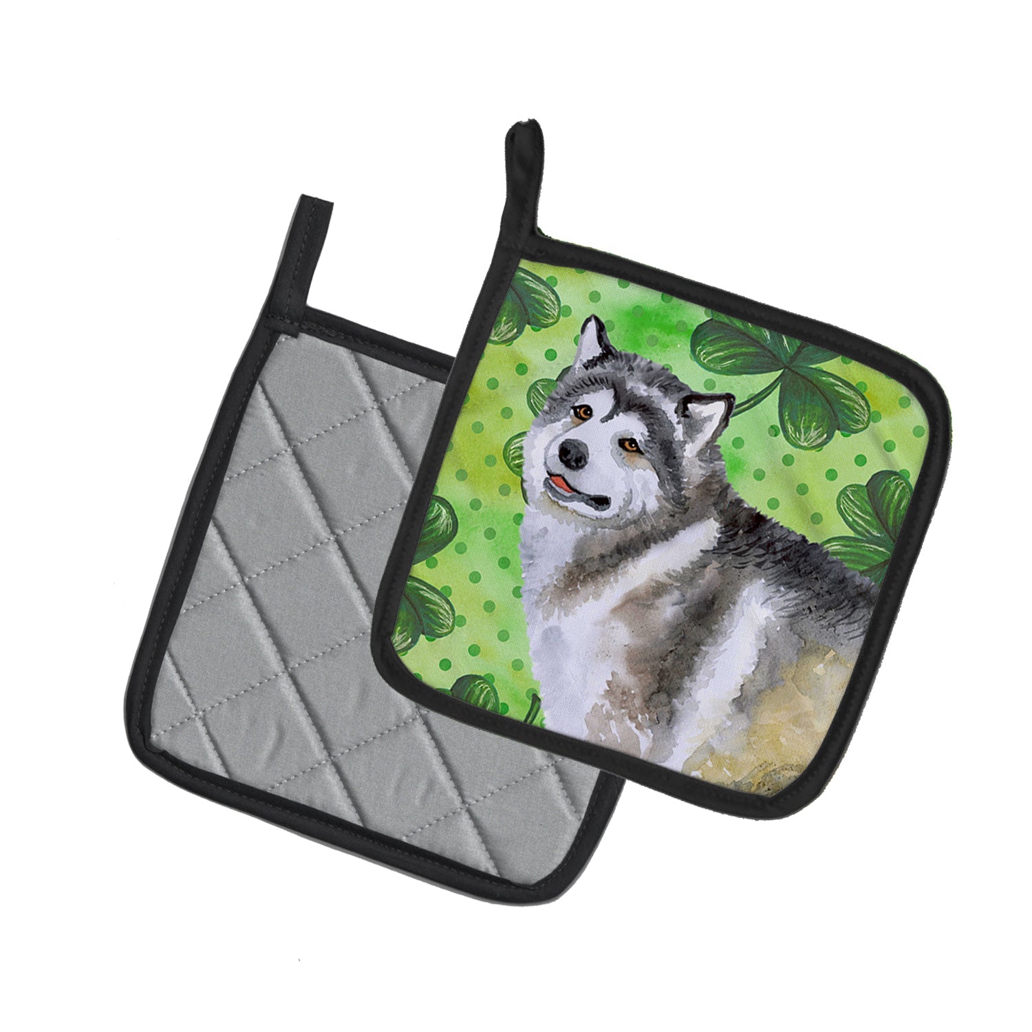 Alaskan Malamute St Patrick's Pot Holder Set of 2 Heat Resistant Quilted Hot Pads 7.5 x 7.5 Inch, Insulated Kitchen Trivets for Cooking & Baking