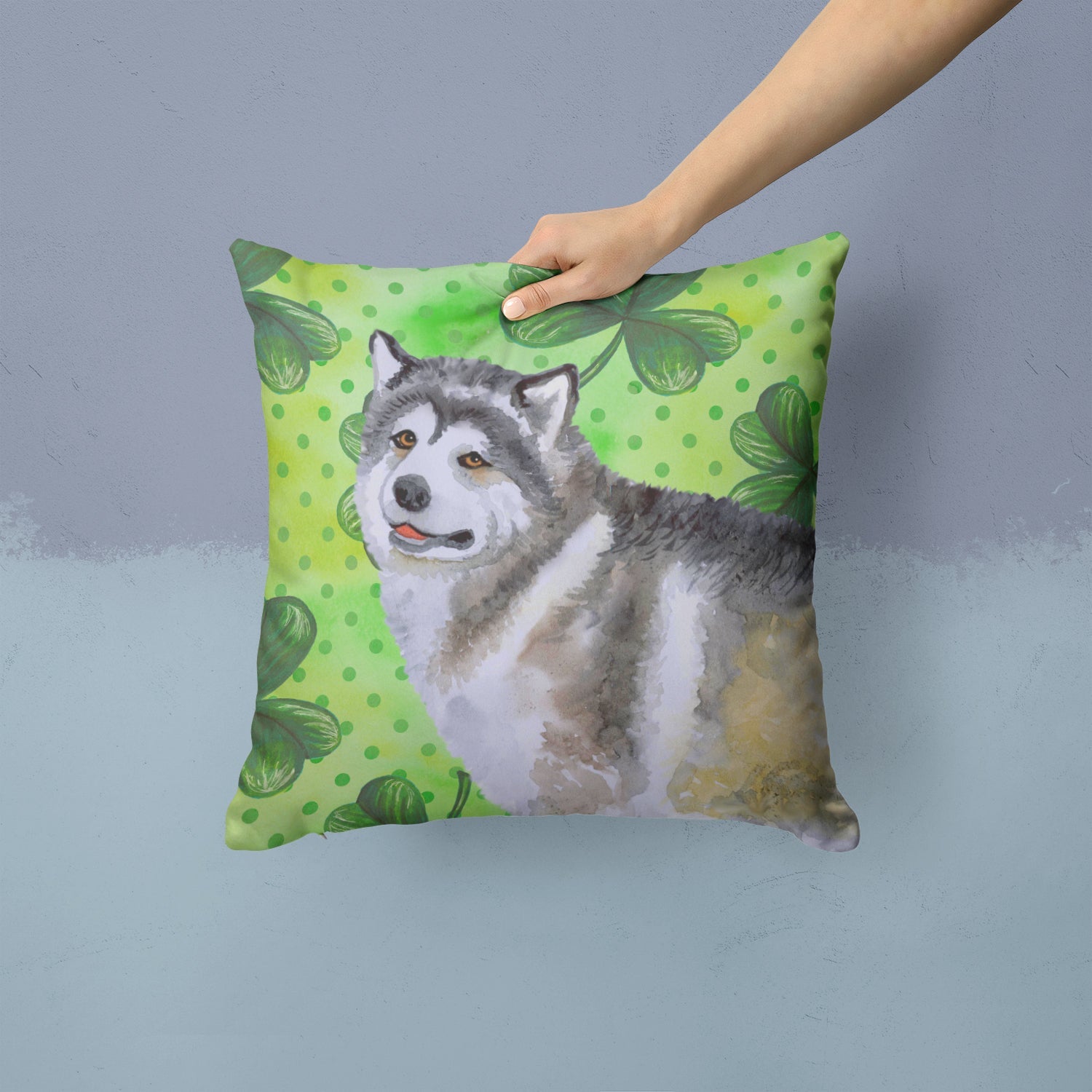 Alaskan Malamute St Patrick's Decorative Throw Pillow 14x14 Indoor Outdoor Accent Cushion, Fabric Cover with Insert for Sofa, Bed, Porch & Living Room