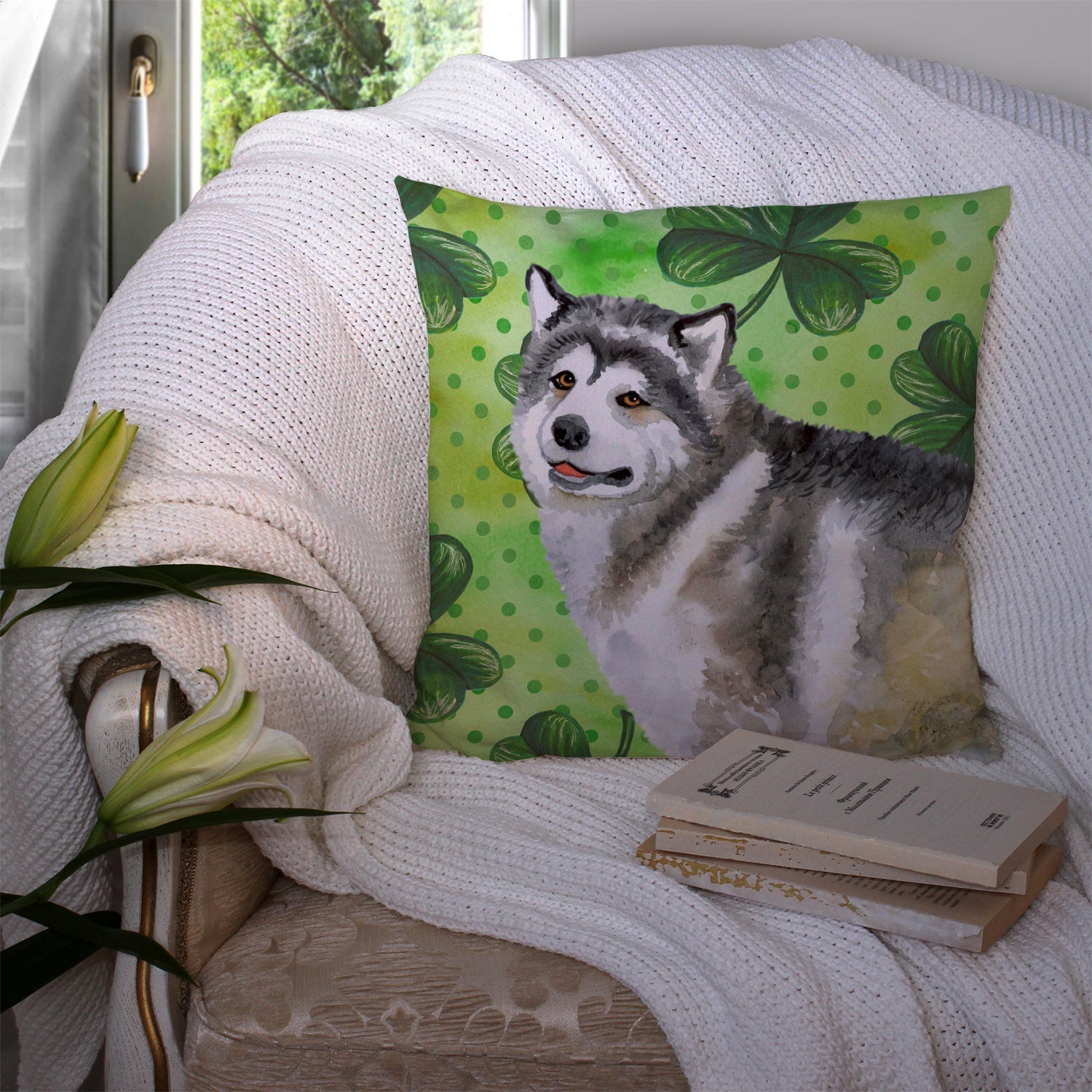 Alaskan Malamute St Patrick's Decorative Throw Pillow 14x14 Indoor Outdoor Accent Cushion, Fabric Cover with Insert for Sofa, Bed, Porch & Living Room