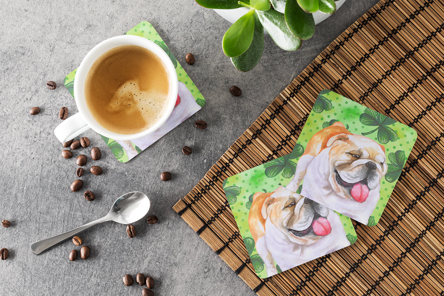 English Bulldog St Patrick's Foam Coasters Set of 4 Cup Coasters for Indoor Outdoor, Tabletop Protection, Anti Slip, Mouse pad Material
