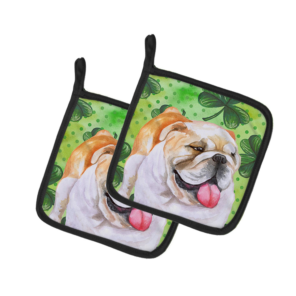 English Bulldog St Patrick's Pot Holder Set of 2 Heat Resistant Quilted Hot Pads 7.5 x 7.5 Inch, Insulated Kitchen Trivets for Cooking & Baking